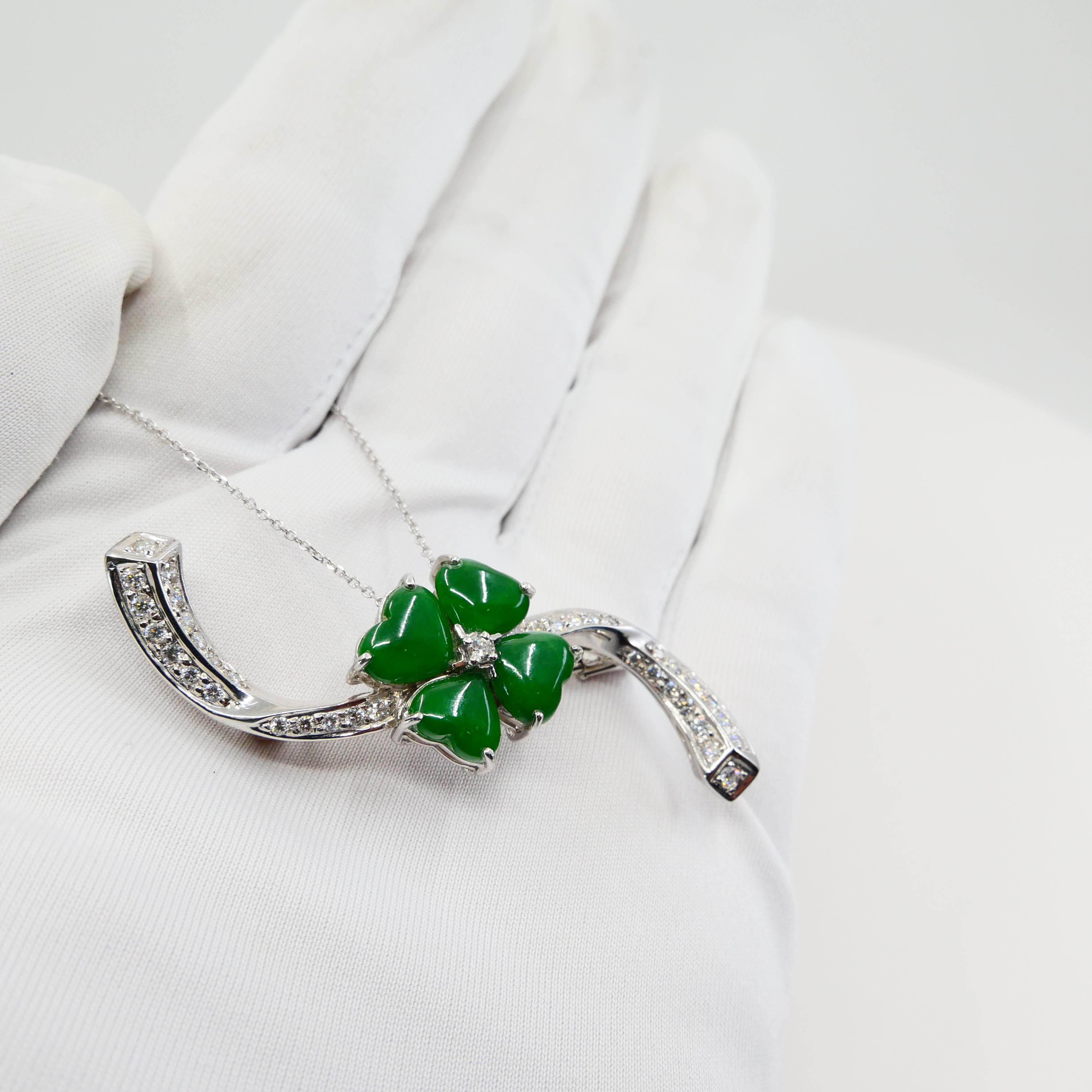 Certified Apple Green Jade & Diamond Lucky 4 Leaf Clover Pendant / Brooch For Sale 9
