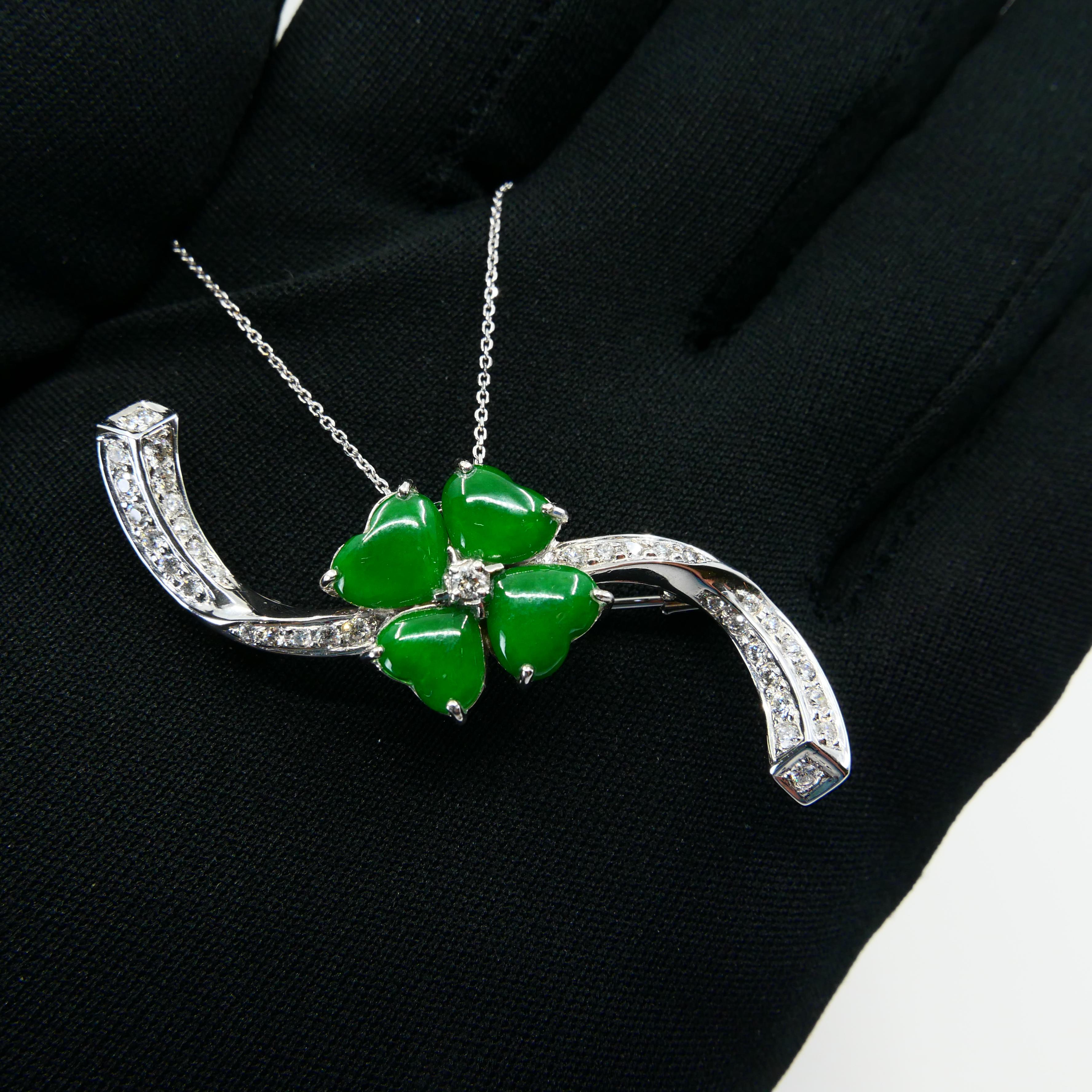 Certified Apple Green Jade & Diamond Lucky 4 Leaf Clover Pendant / Brooch For Sale 10