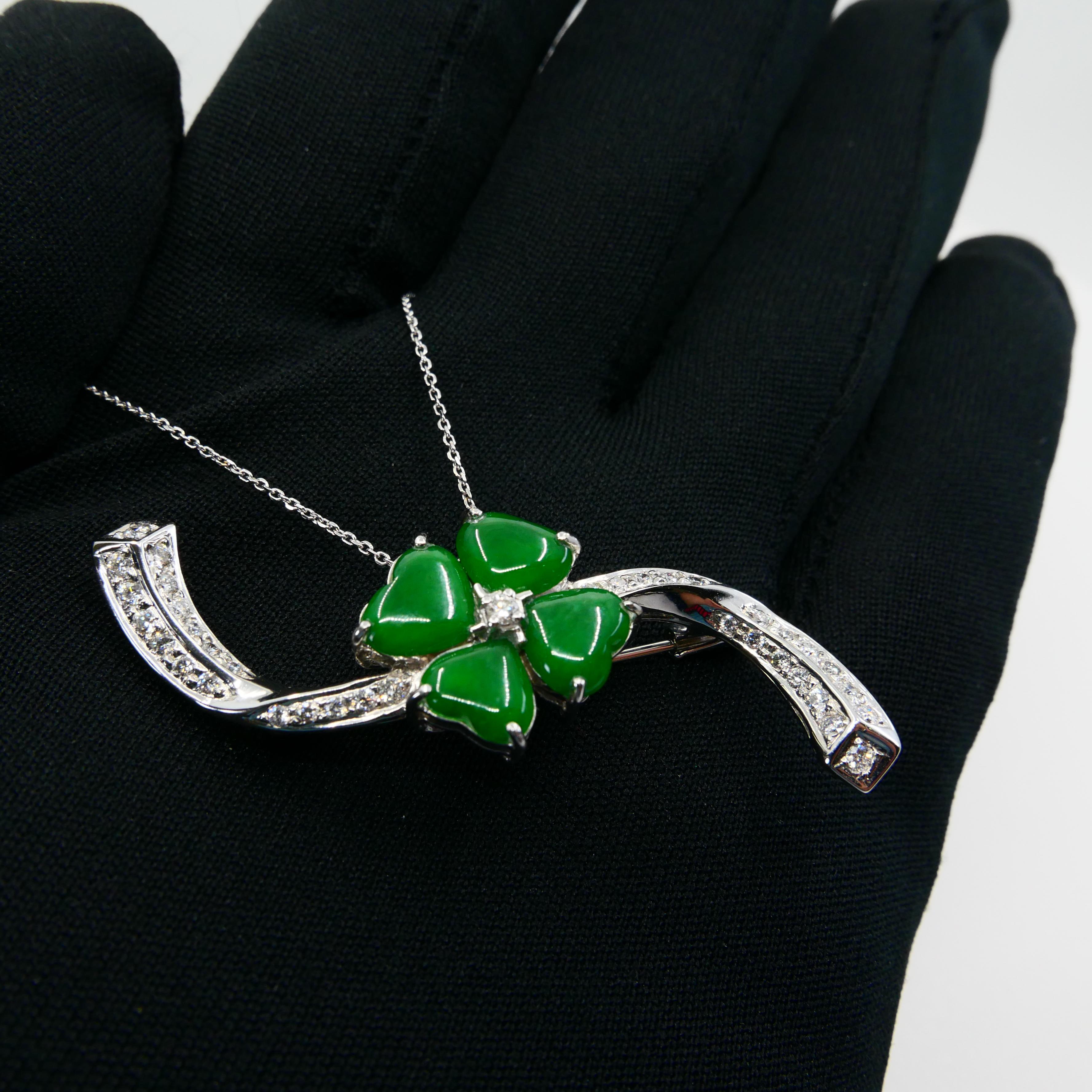Certified Apple Green Jade & Diamond Lucky 4 Leaf Clover Pendant / Brooch For Sale 11