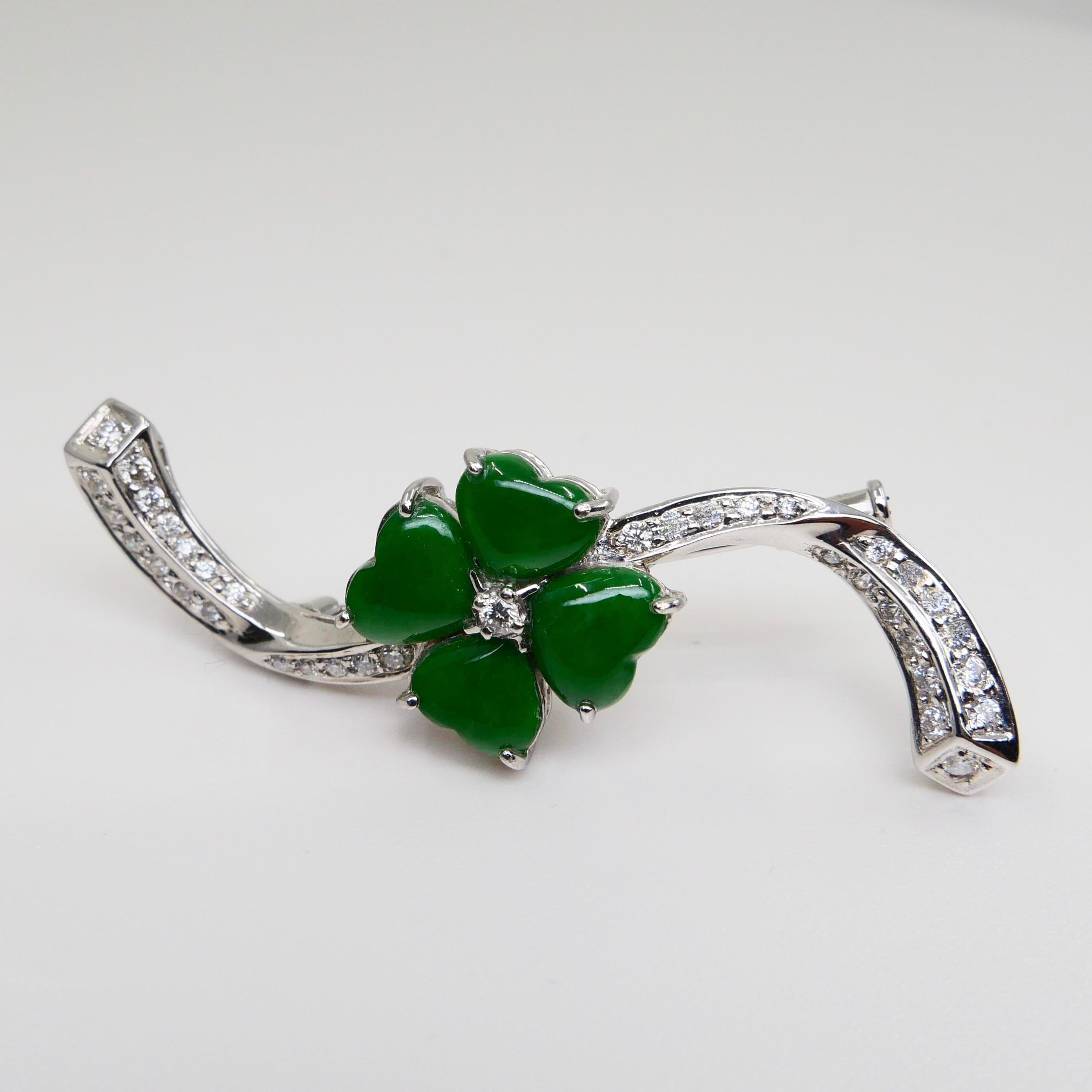 Rough Cut Certified Apple Green Jade & Diamond Lucky 4 Leaf Clover Pendant / Brooch For Sale
