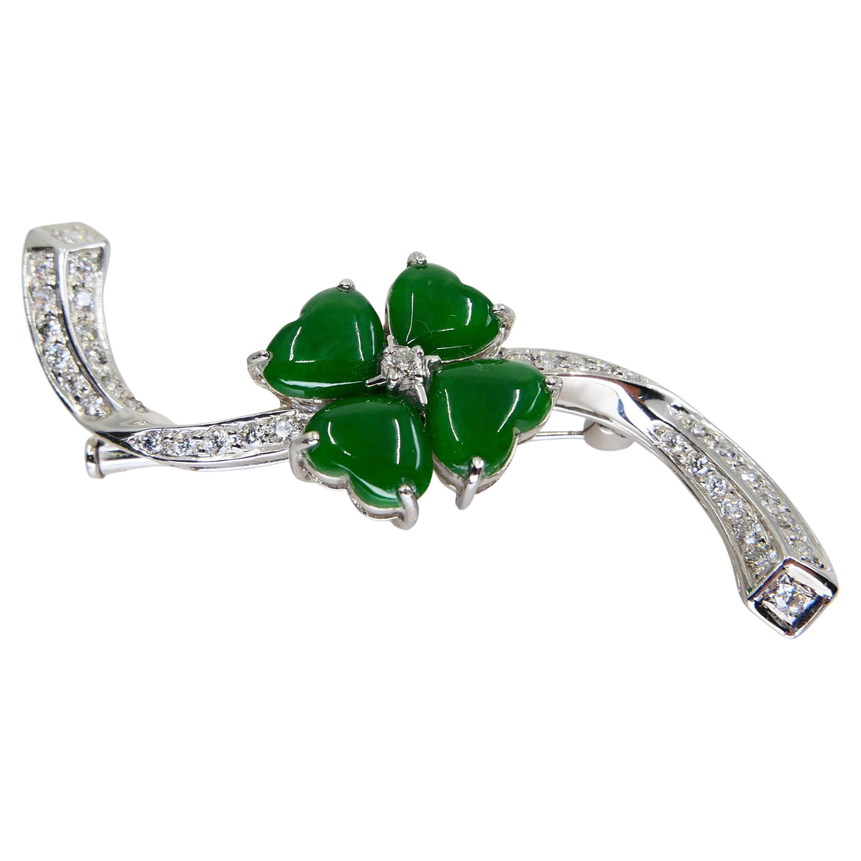Certified Apple Green Jade & Diamond Lucky 4 Leaf Clover Pendant / Brooch