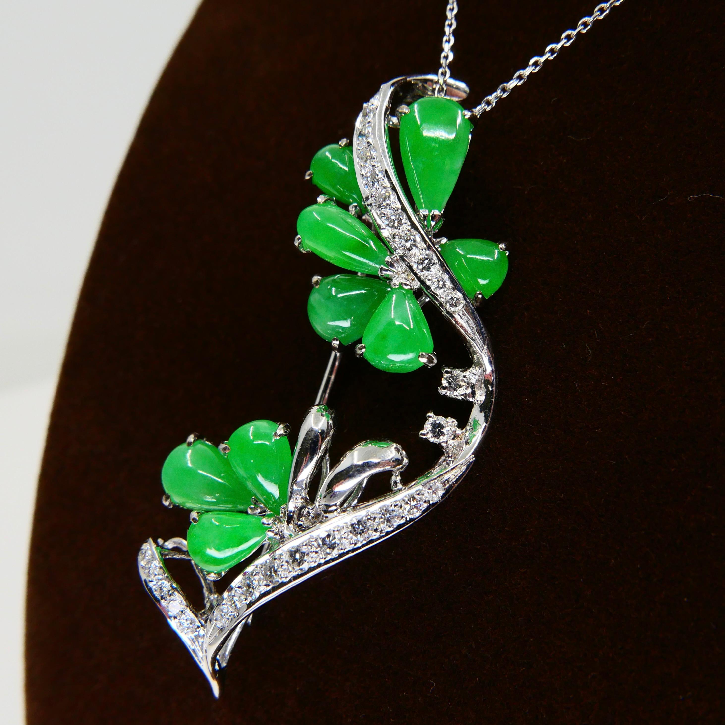 Certified Apple Green Jade & Diamond Pendant / Brooch, Good Translucency For Sale 7
