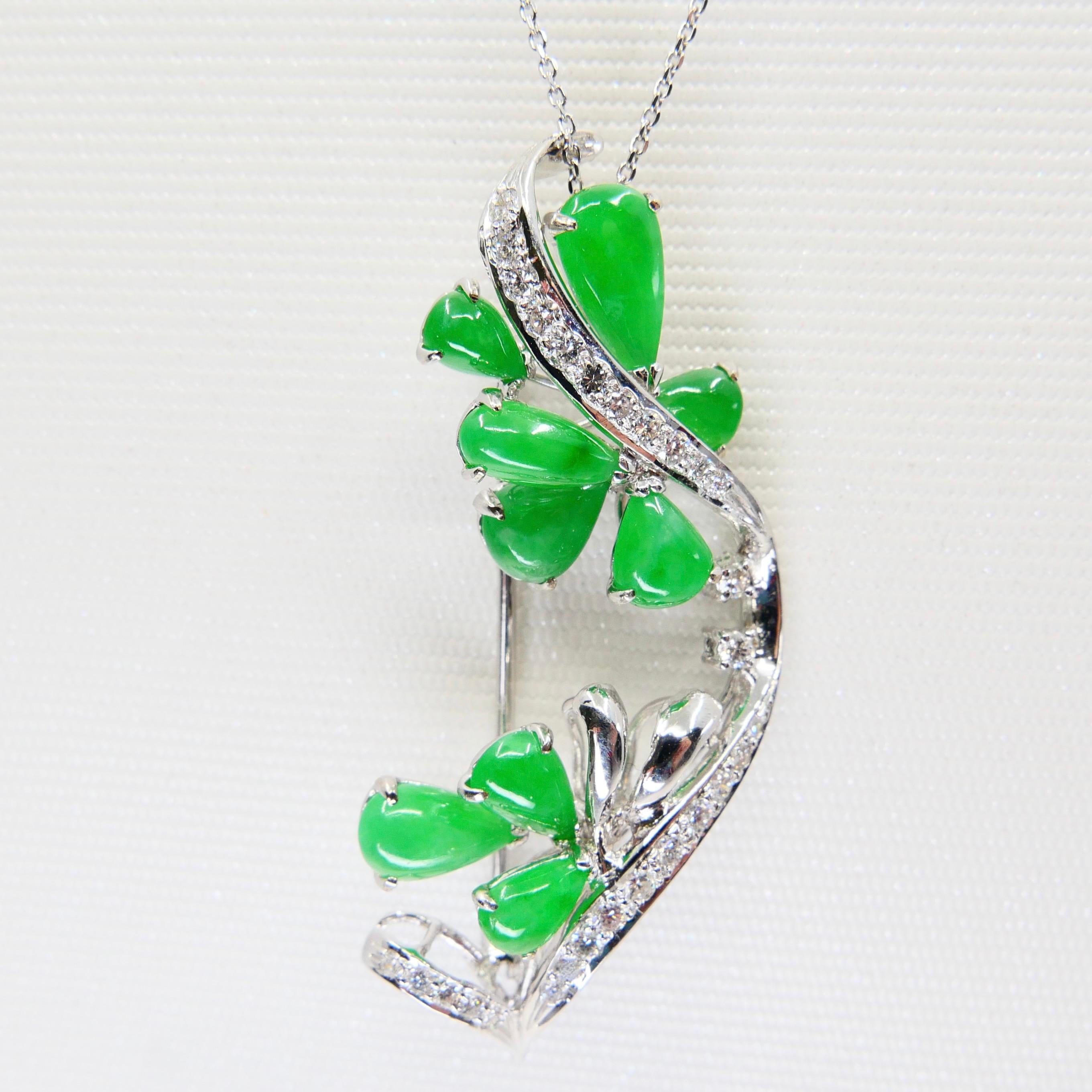 Certified Apple Green Jade & Diamond Pendant / Brooch, Good Translucency For Sale 9