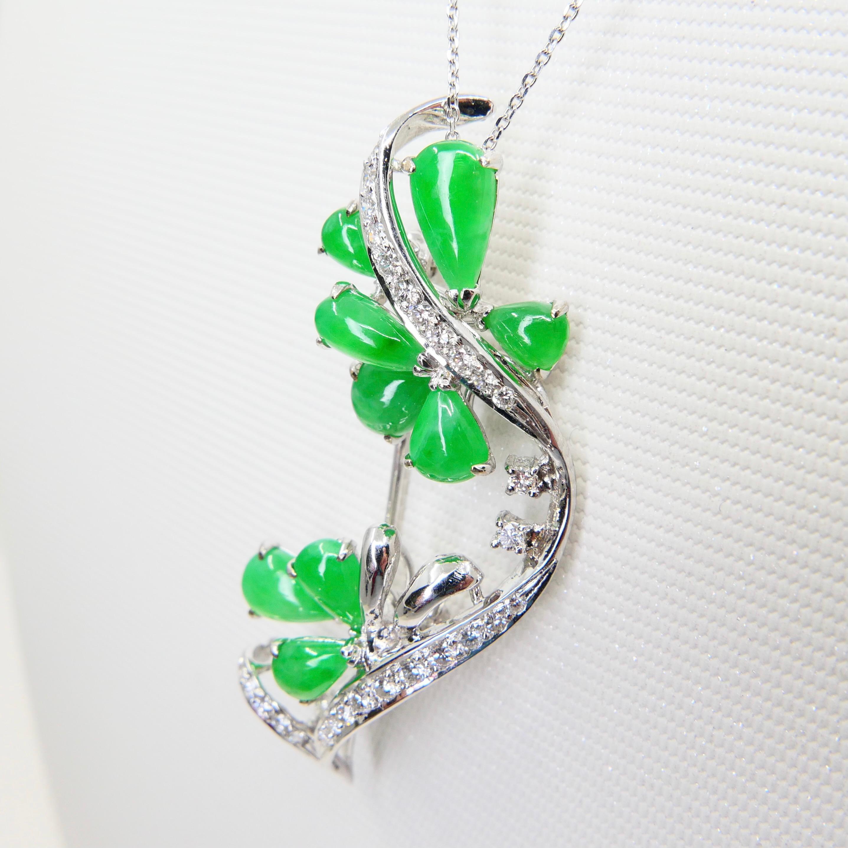 Certified Apple Green Jade & Diamond Pendant / Brooch, Good Translucency For Sale 10
