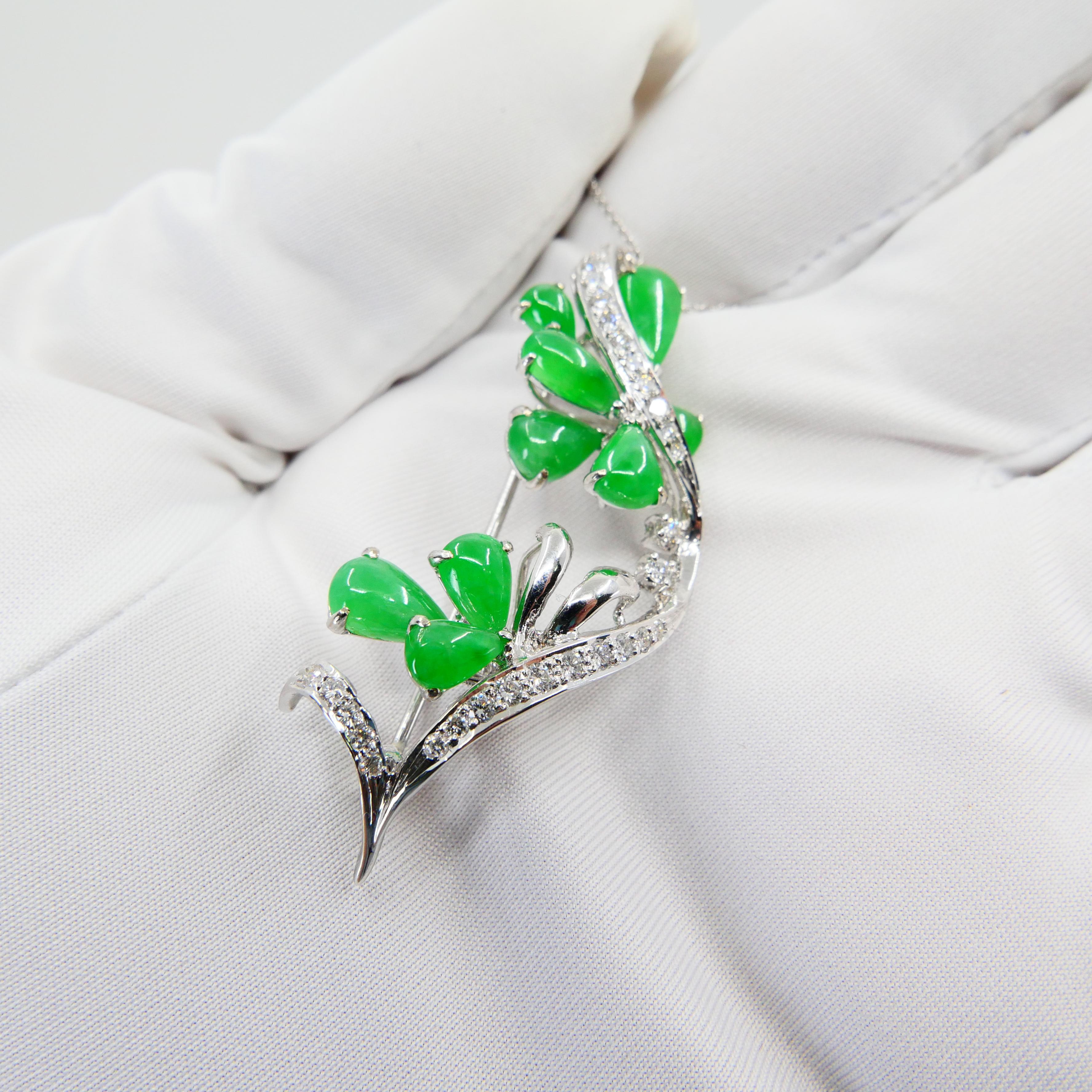 Certified Apple Green Jade & Diamond Pendant / Brooch, Good Translucency For Sale 11