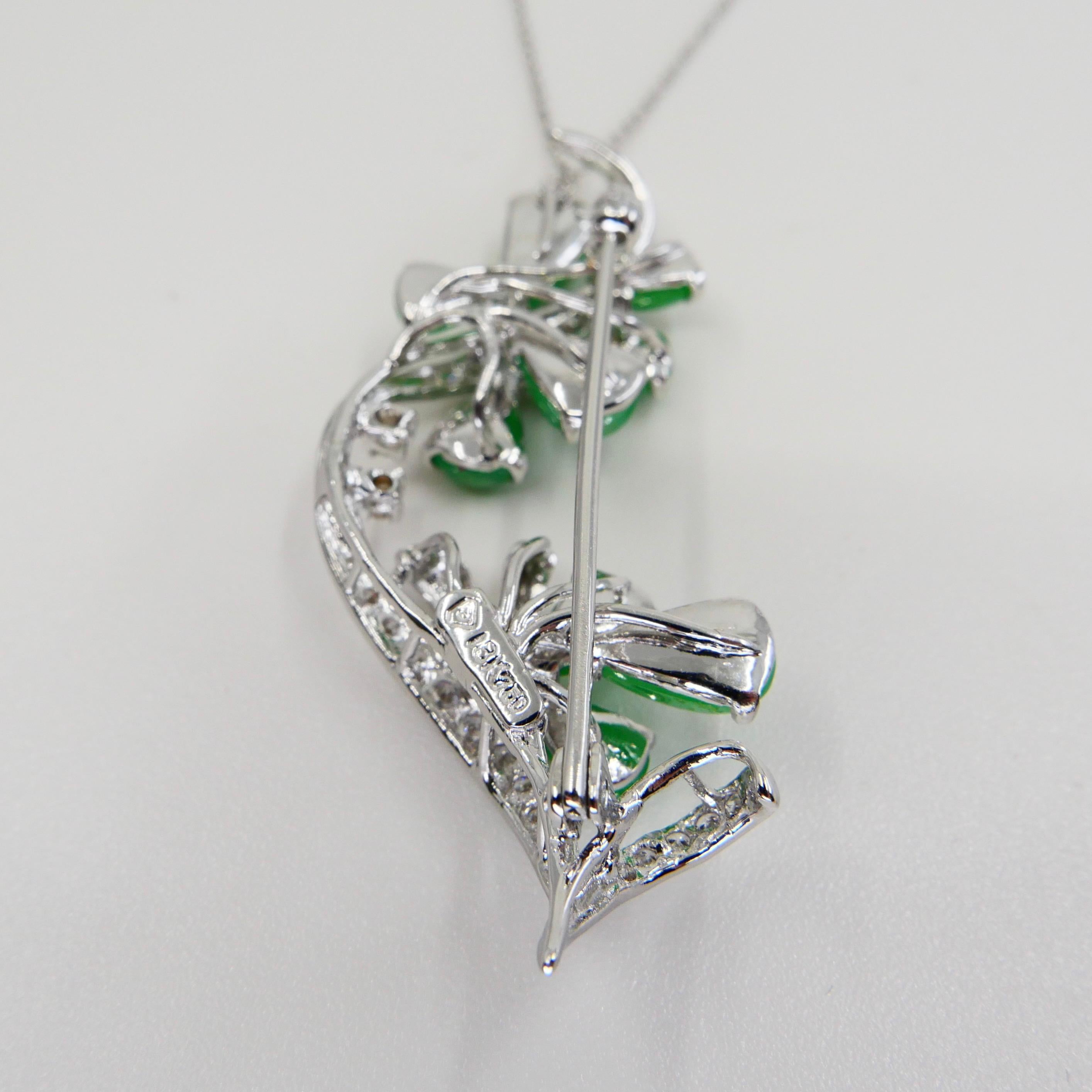 Certified Apple Green Jade & Diamond Pendant / Brooch, Good Translucency For Sale 12