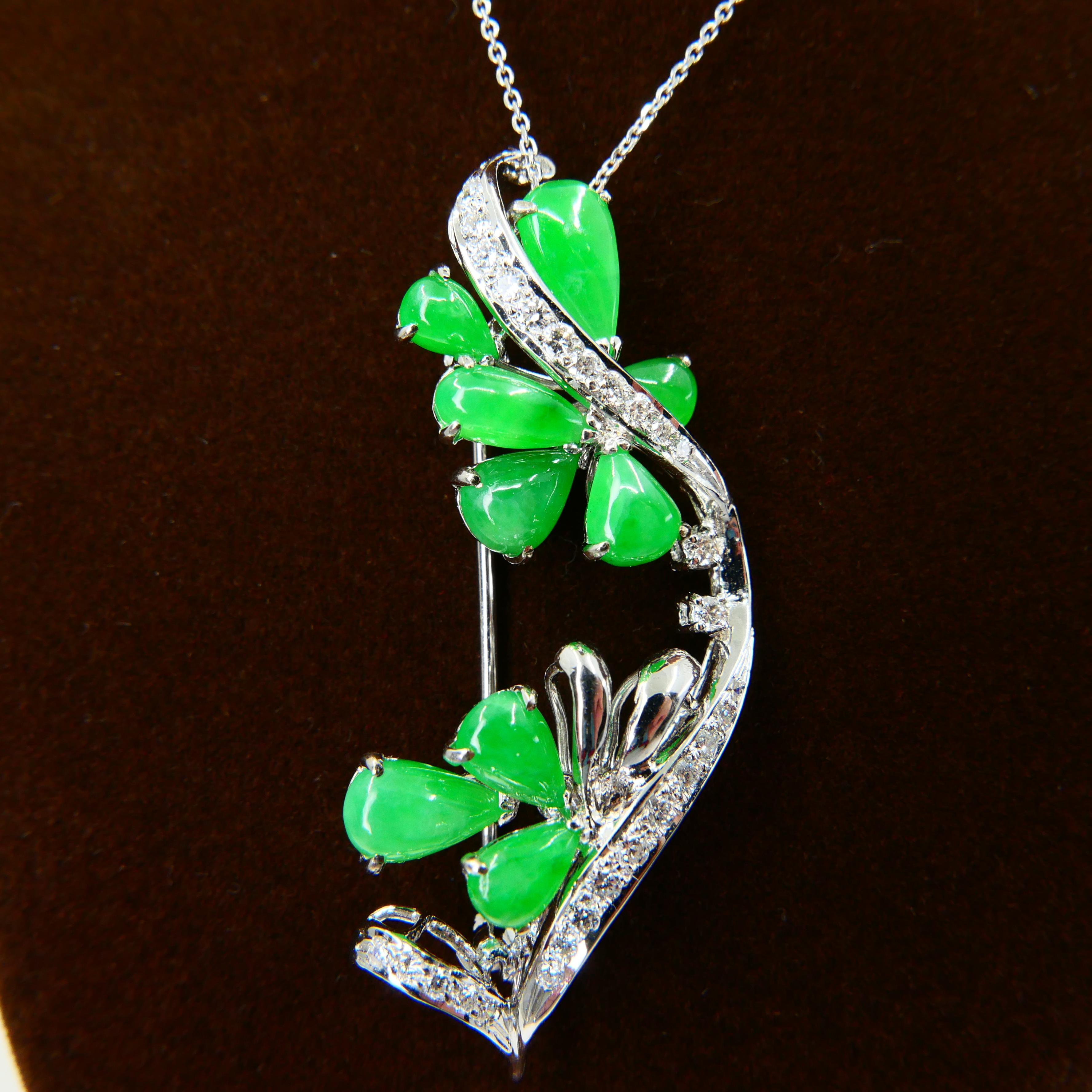 Certified Apple Green Jade & Diamond Pendant / Brooch, Good Translucency In New Condition For Sale In Hong Kong, HK