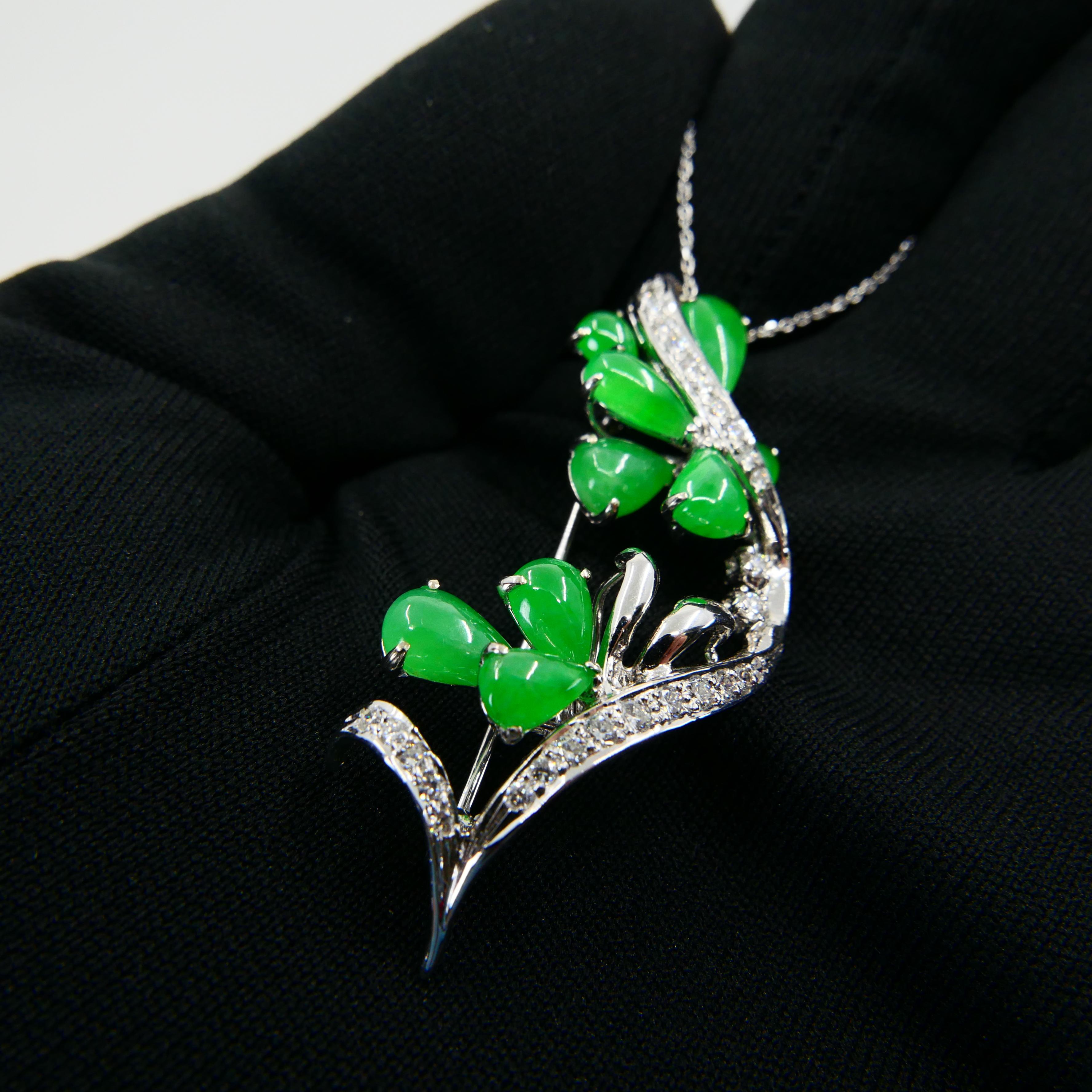 Certified Apple Green Jade & Diamond Pendant / Brooch, Good Translucency For Sale 1