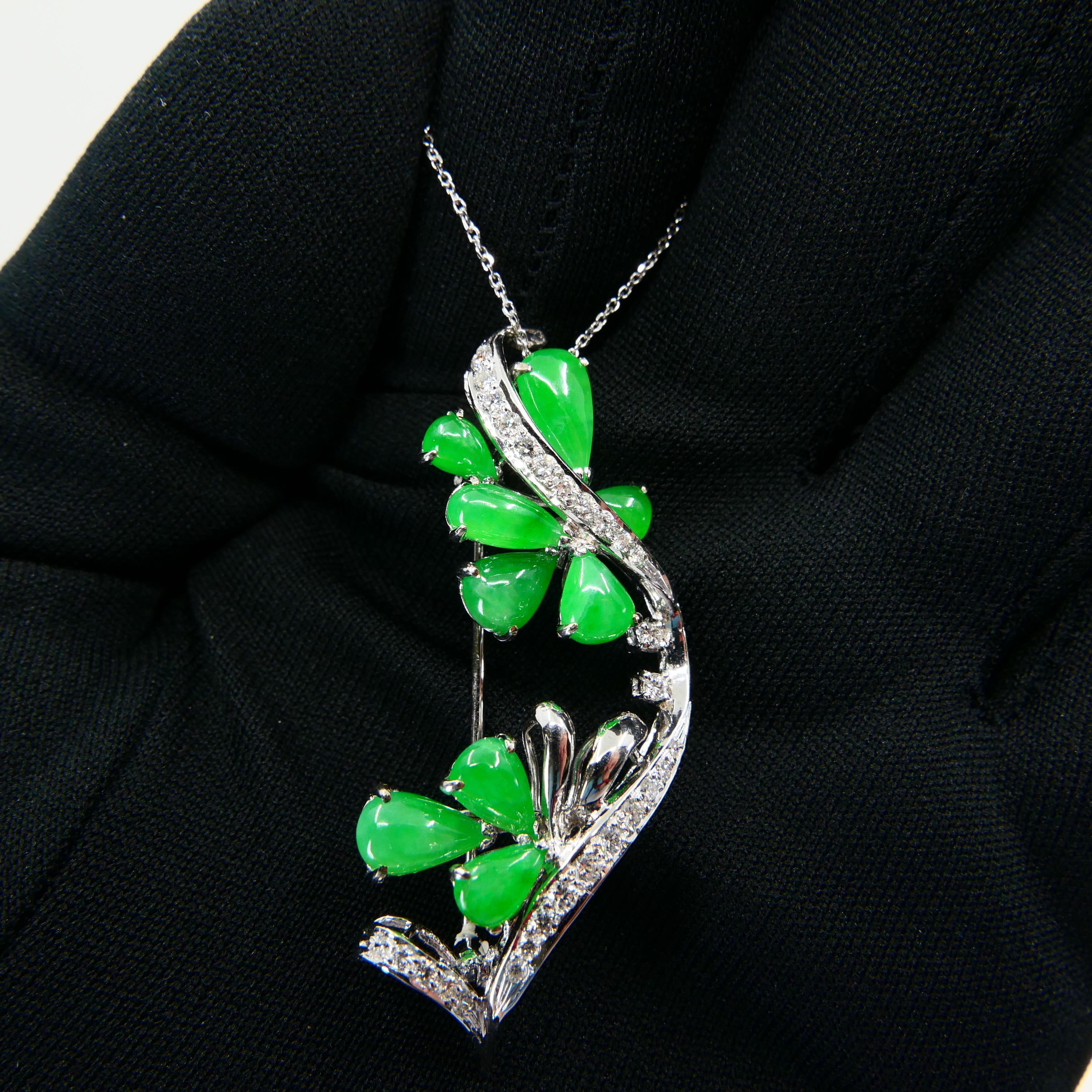 Certified Apple Green Jade & Diamond Pendant / Brooch, Good Translucency For Sale 3