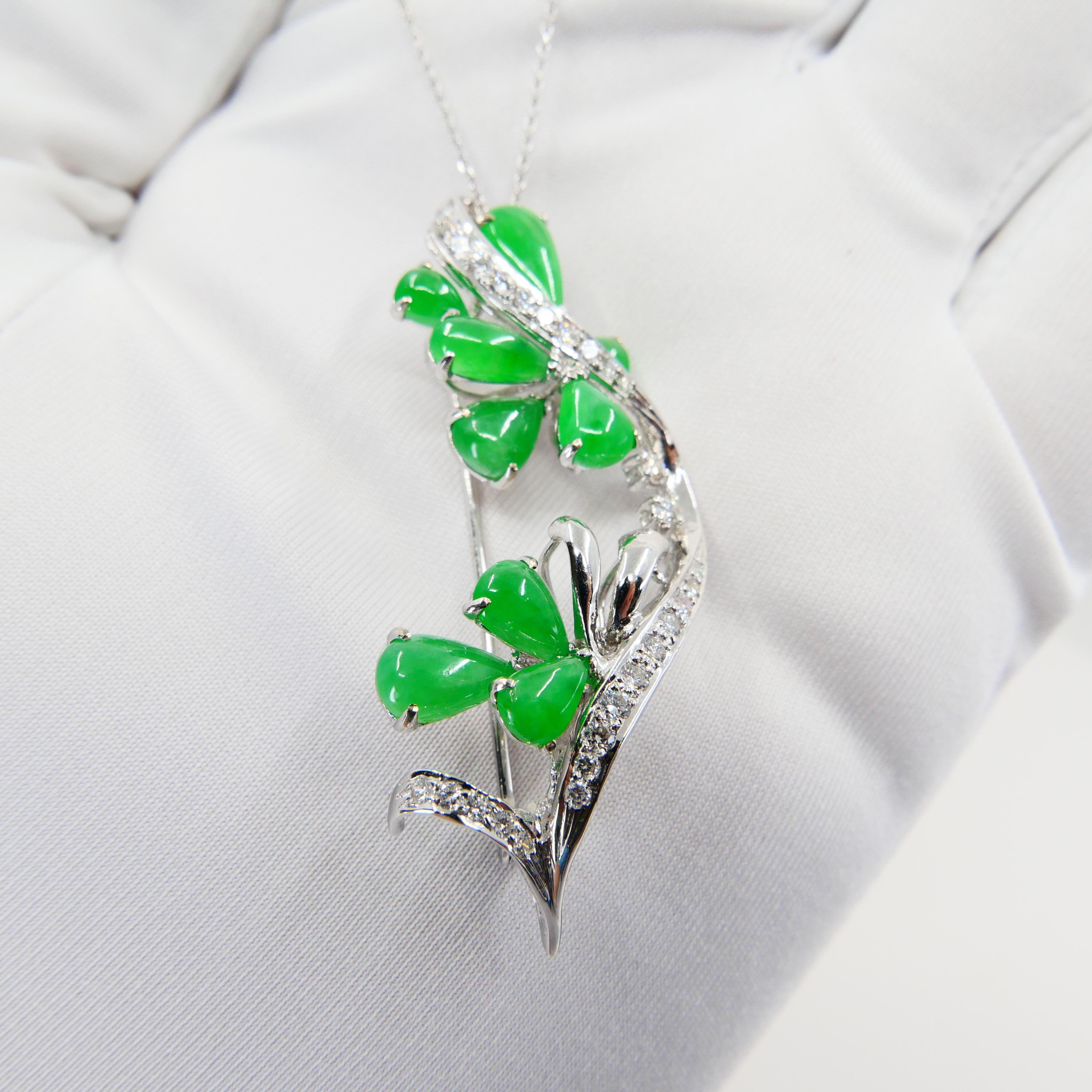 Certified Apple Green Jade & Diamond Pendant / Brooch, Good Translucency For Sale 4