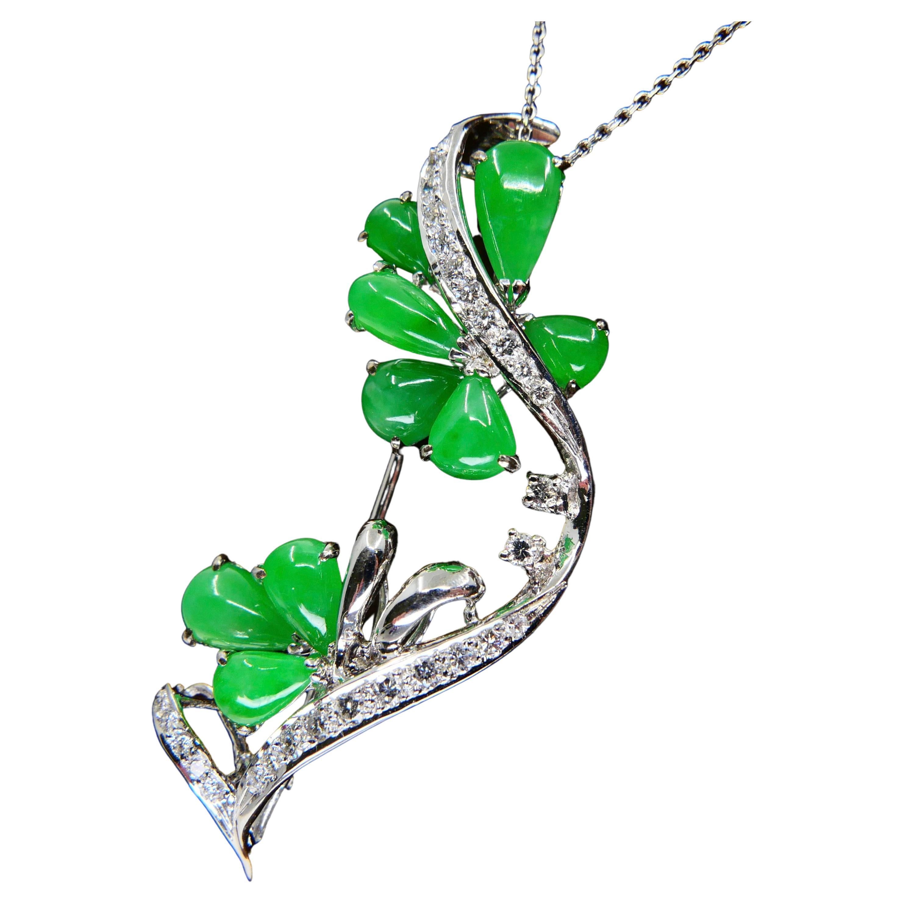 Certified Apple Green Jade & Diamond Pendant / Brooch, Good Translucency For Sale