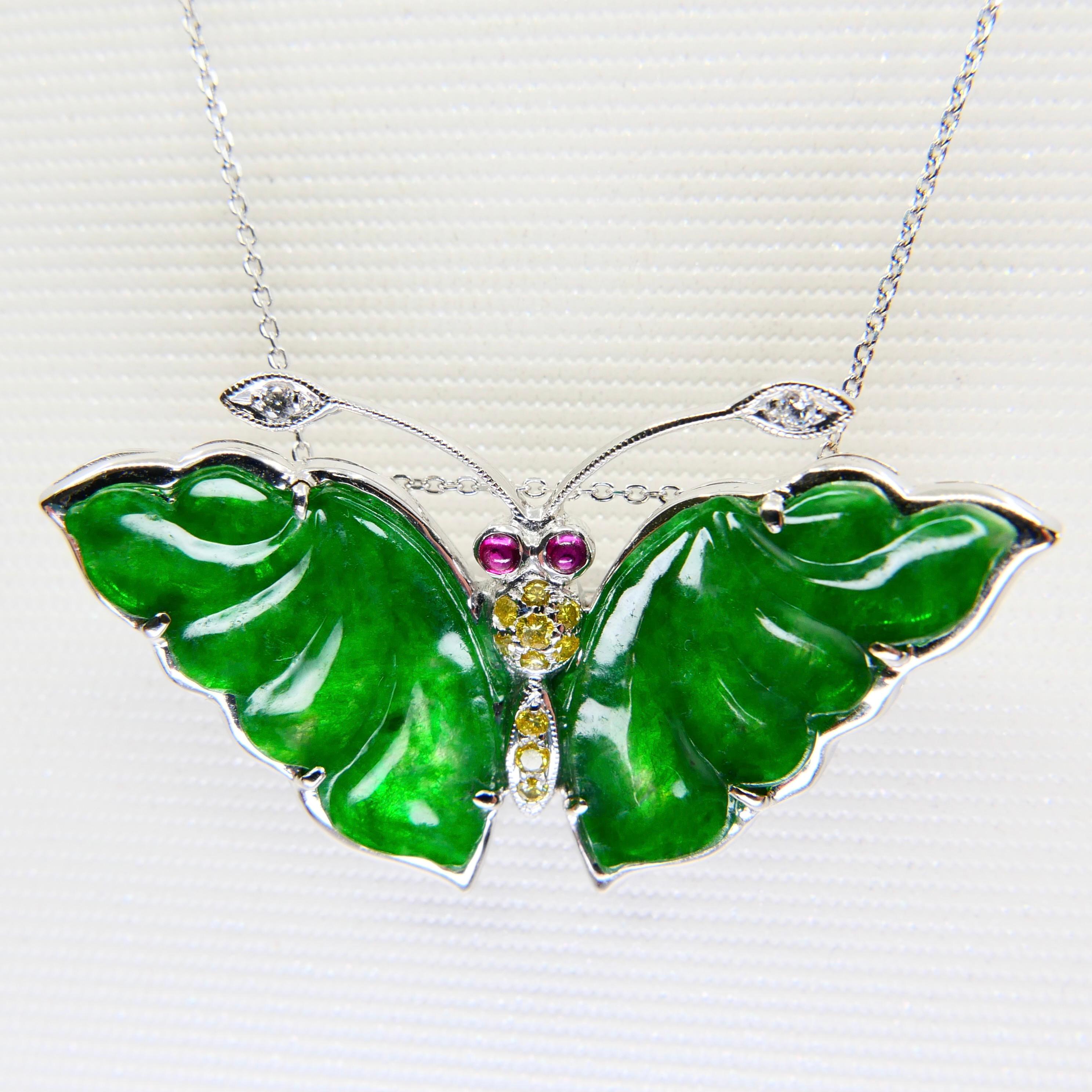 Certified Apple Green Jade, Fancy Color Diamond Butterfly Pendant / Brooch For Sale 4