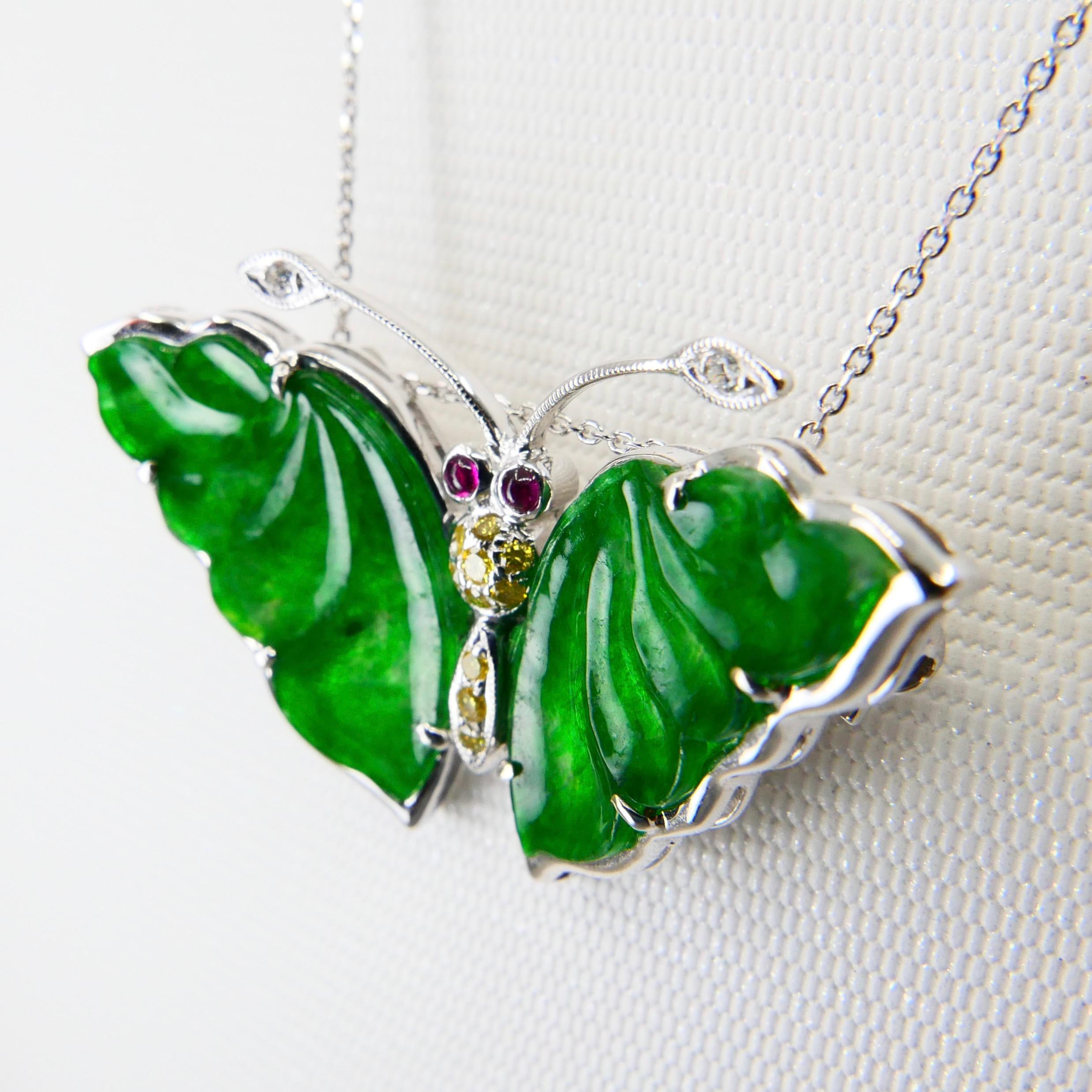 Certified Apple Green Jade, Fancy Color Diamond Butterfly Pendant / Brooch For Sale 5