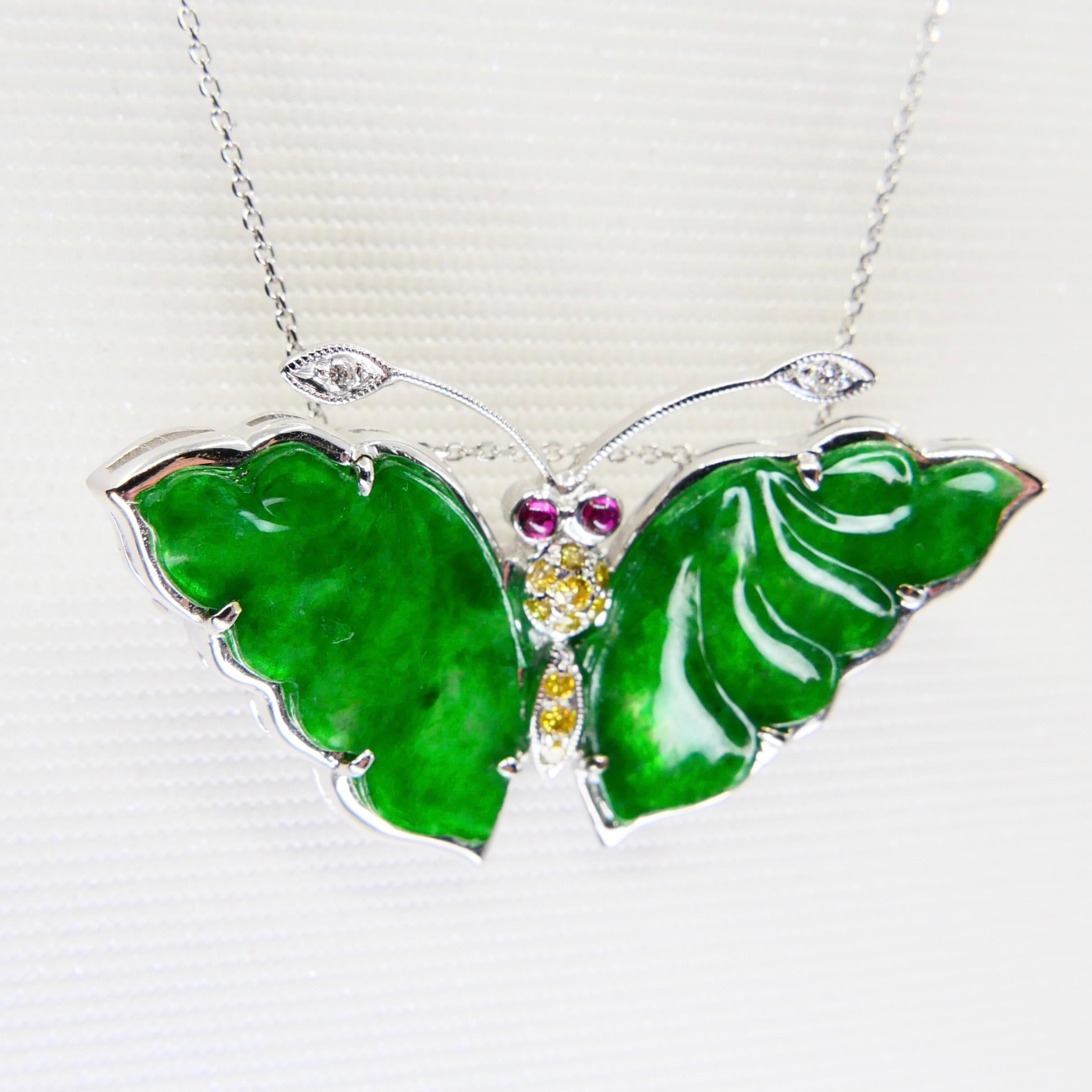 Certified Apple Green Jade, Fancy Color Diamond Butterfly Pendant / Brooch For Sale 6