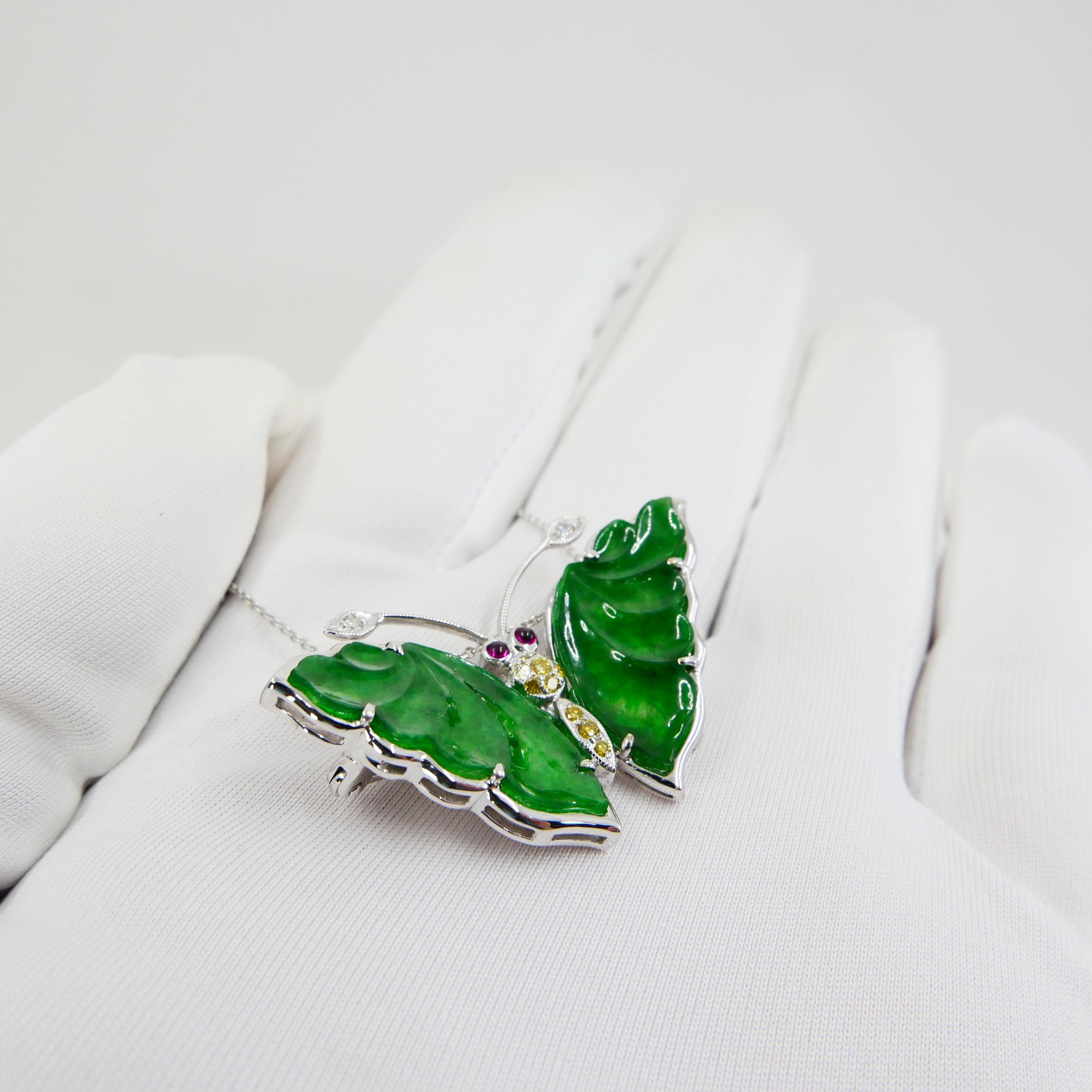 Certified Apple Green Jade, Fancy Color Diamond Butterfly Pendant / Brooch For Sale 7