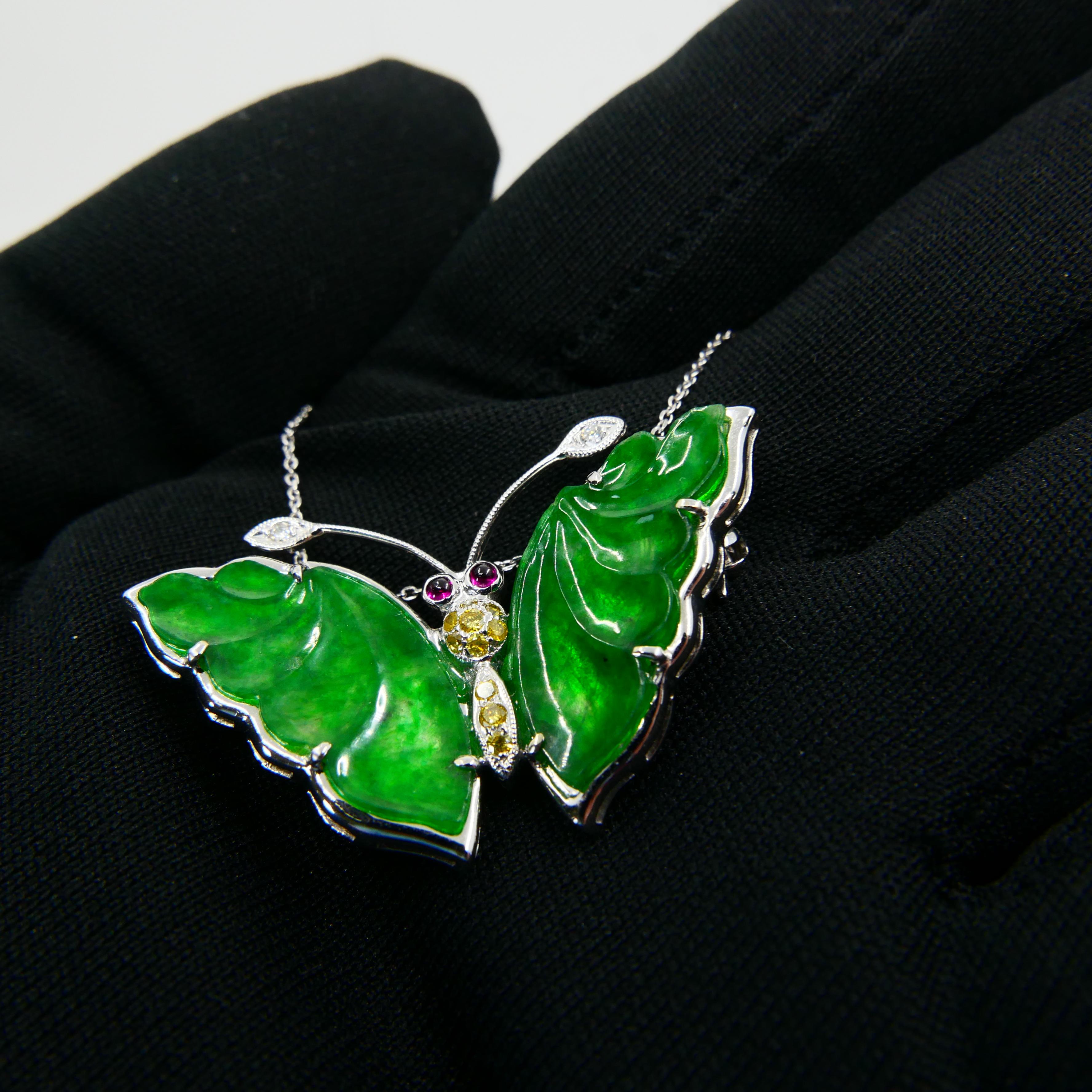 Certified Apple Green Jade, Fancy Color Diamond Butterfly Pendant / Brooch For Sale 8