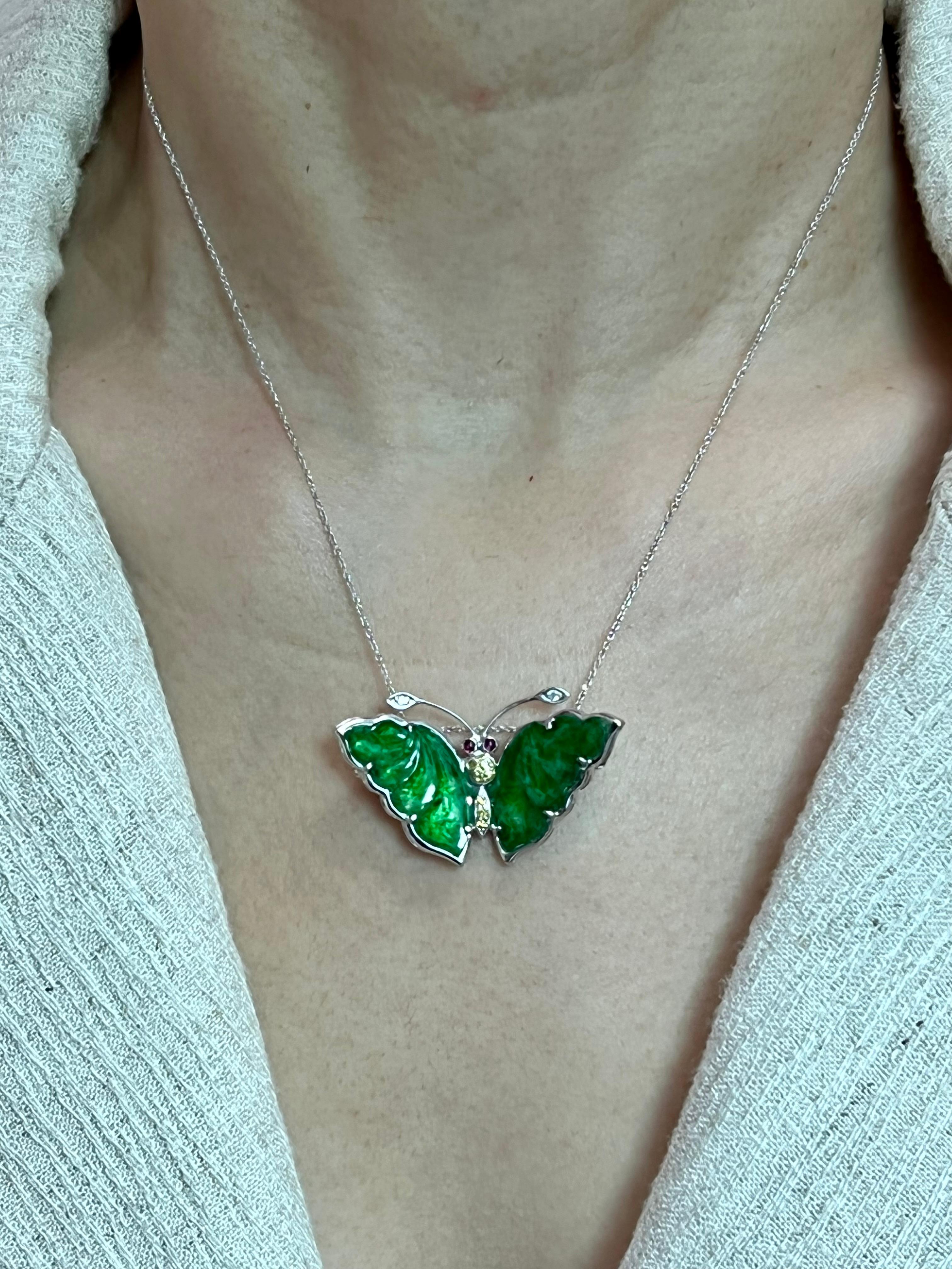 Rough Cut Certified Apple Green Jade, Fancy Color Diamond Butterfly Pendant / Brooch For Sale