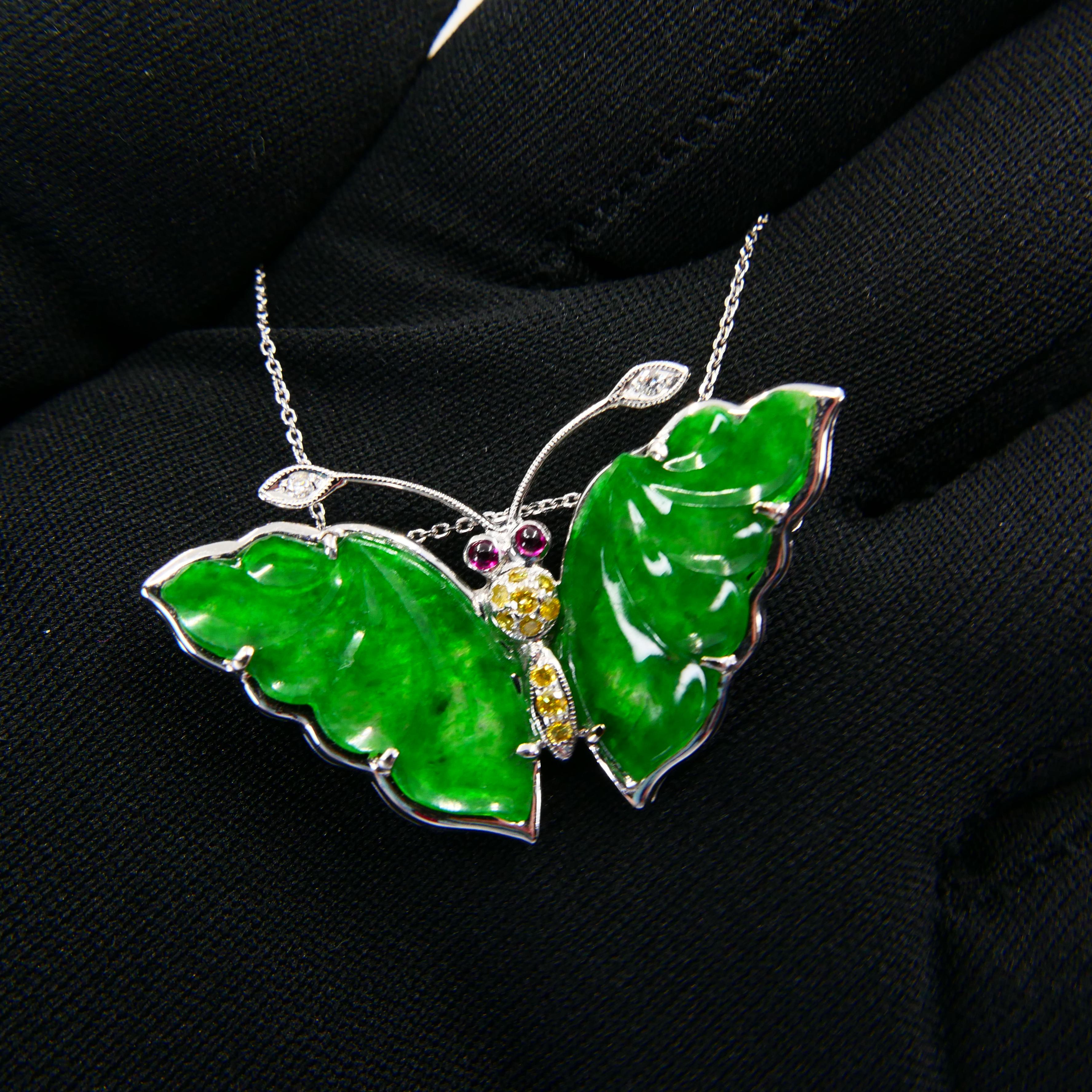 Certified Apple Green Jade, Fancy Color Diamond Butterfly Pendant / Brooch For Sale 1