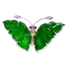 Certified Apple Green Jade, Fancy Color Diamond Pendant / Brooch
