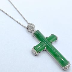 Certified Apple Green Jadeite Jade Diamond Cross Pendant in 18K White Gold