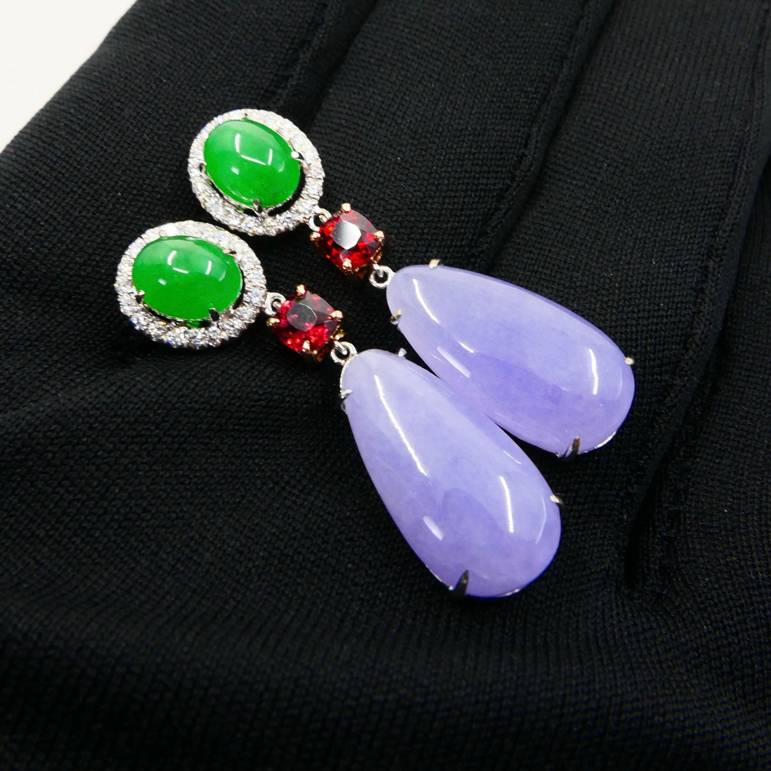 Certified Apple Green & Lavender Jade, Vivid Red Spinel & Diamond Drop Earrings For Sale 5