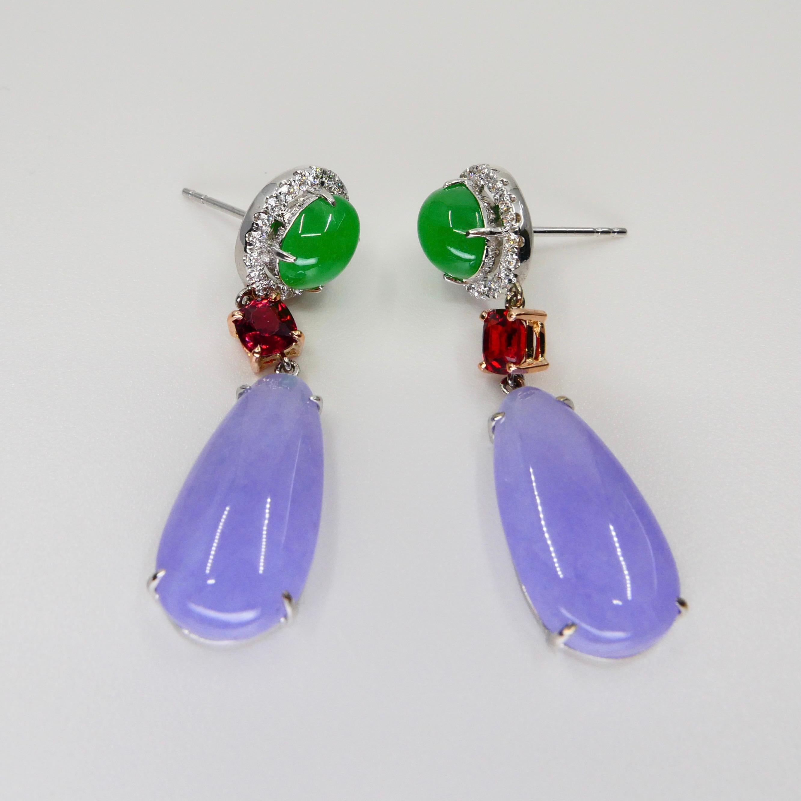 Certified Apple Green & Lavender Jade, Vivid Red Spinel & Diamond Drop Earrings For Sale 6
