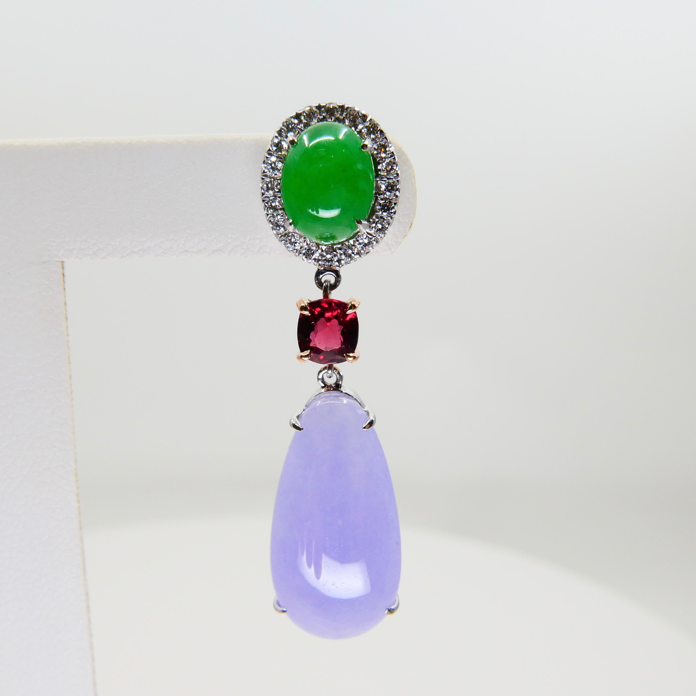Rough Cut Certified Apple Green & Lavender Jade, Vivid Red Spinel & Diamond Drop Earrings For Sale