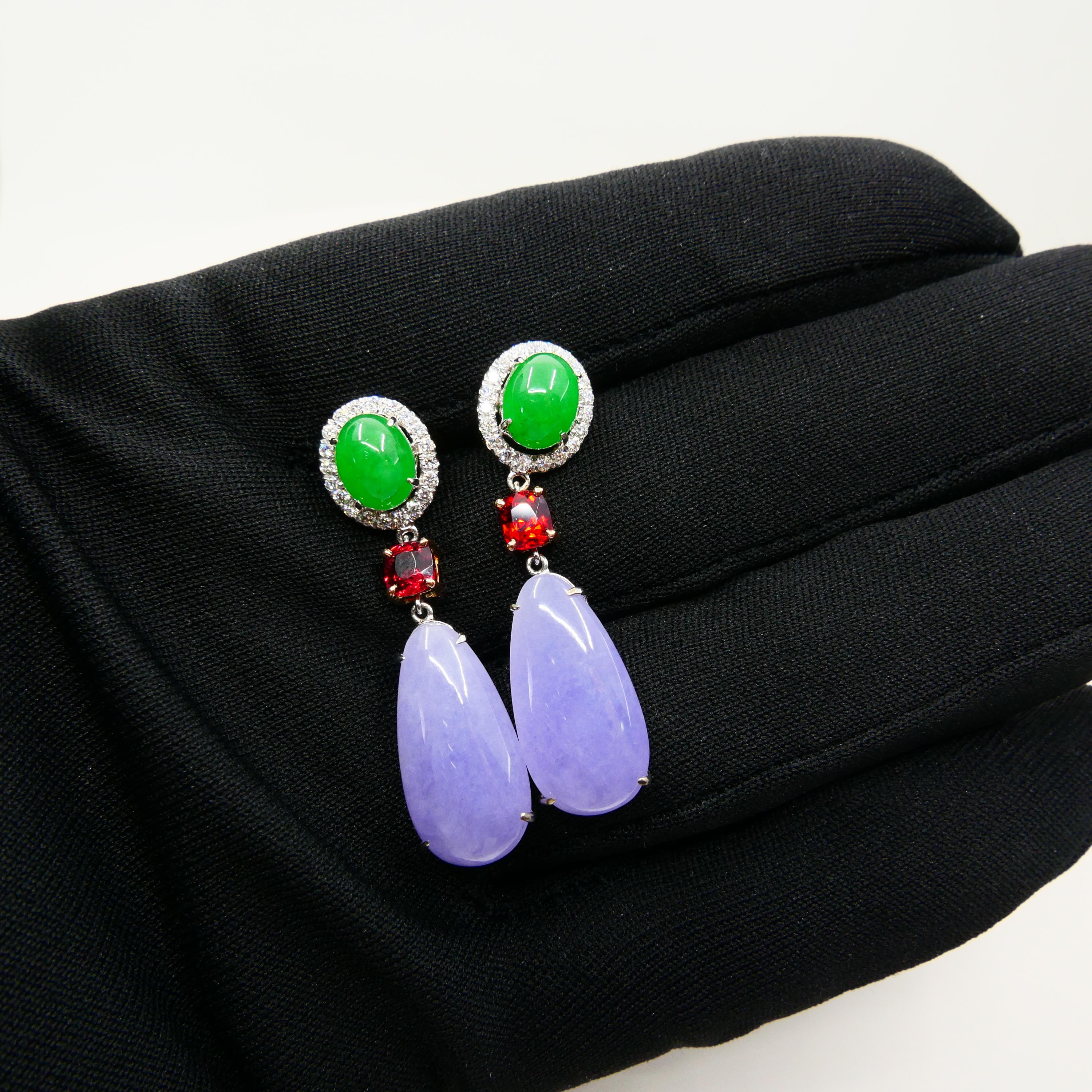 Certified Apple Green & Lavender Jade, Vivid Red Spinel & Diamond Drop Earrings In New Condition For Sale In Hong Kong, HK