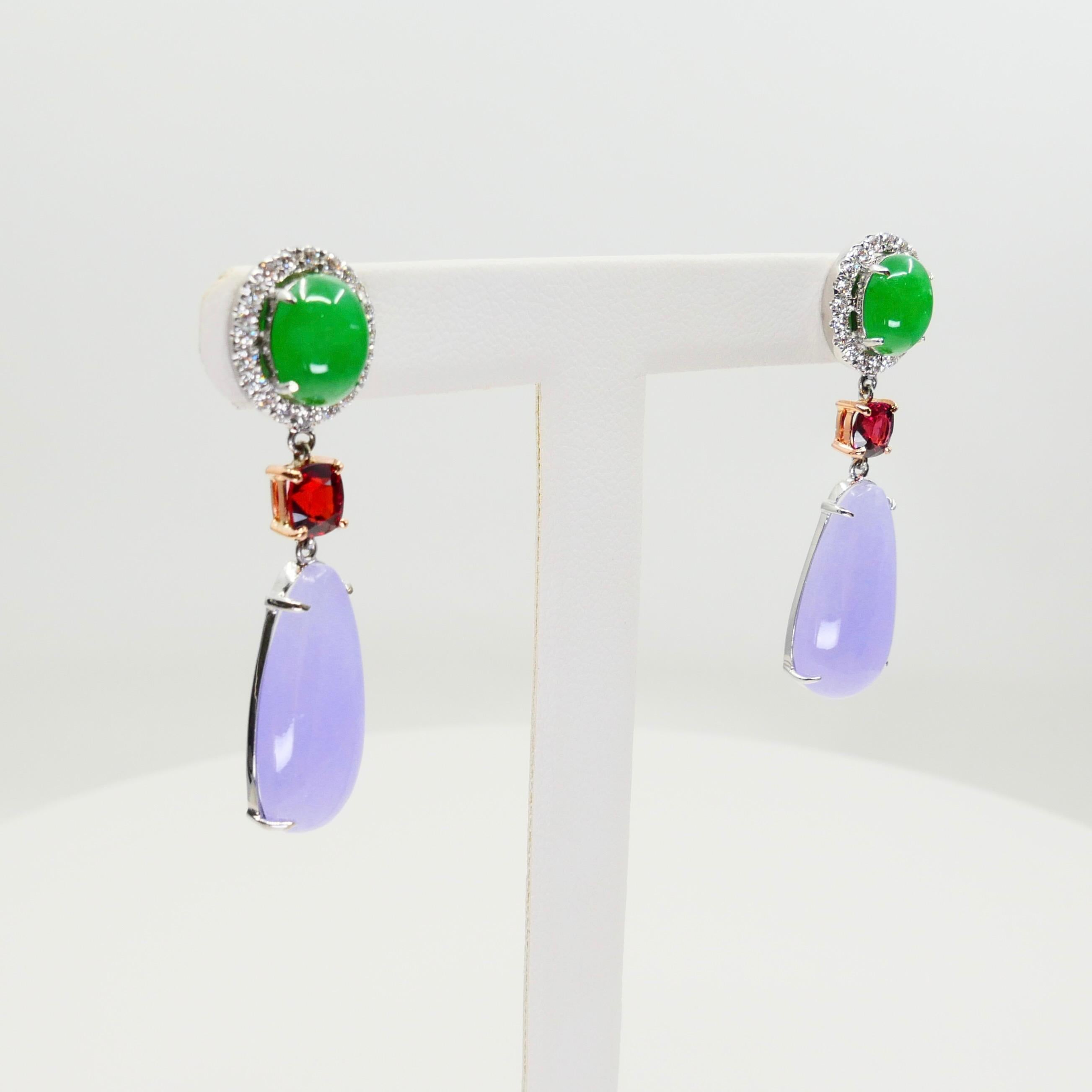 Certified Apple Green & Lavender Jade, Vivid Red Spinel & Diamond Drop Earrings For Sale 1