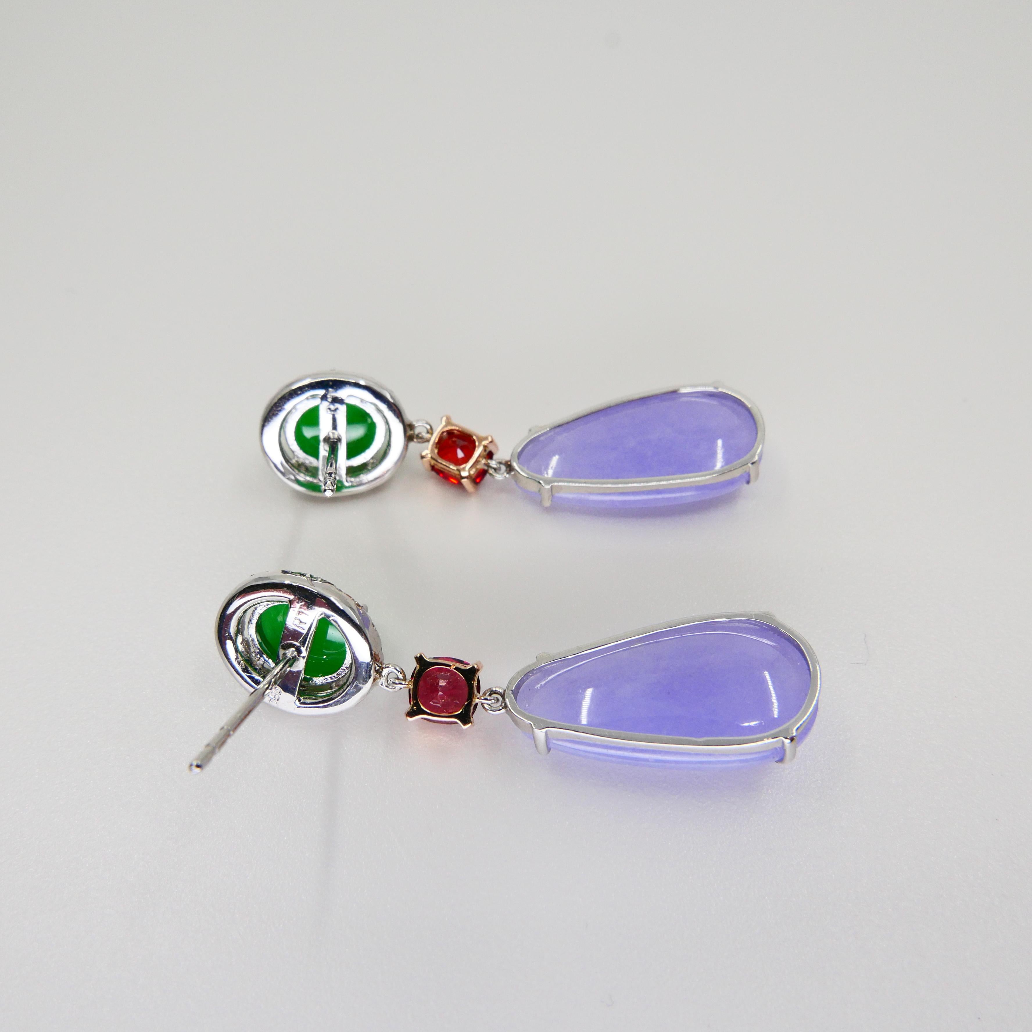 Certified Apple Green & Lavender Jade, Vivid Red Spinel & Diamond Drop Earrings For Sale 2