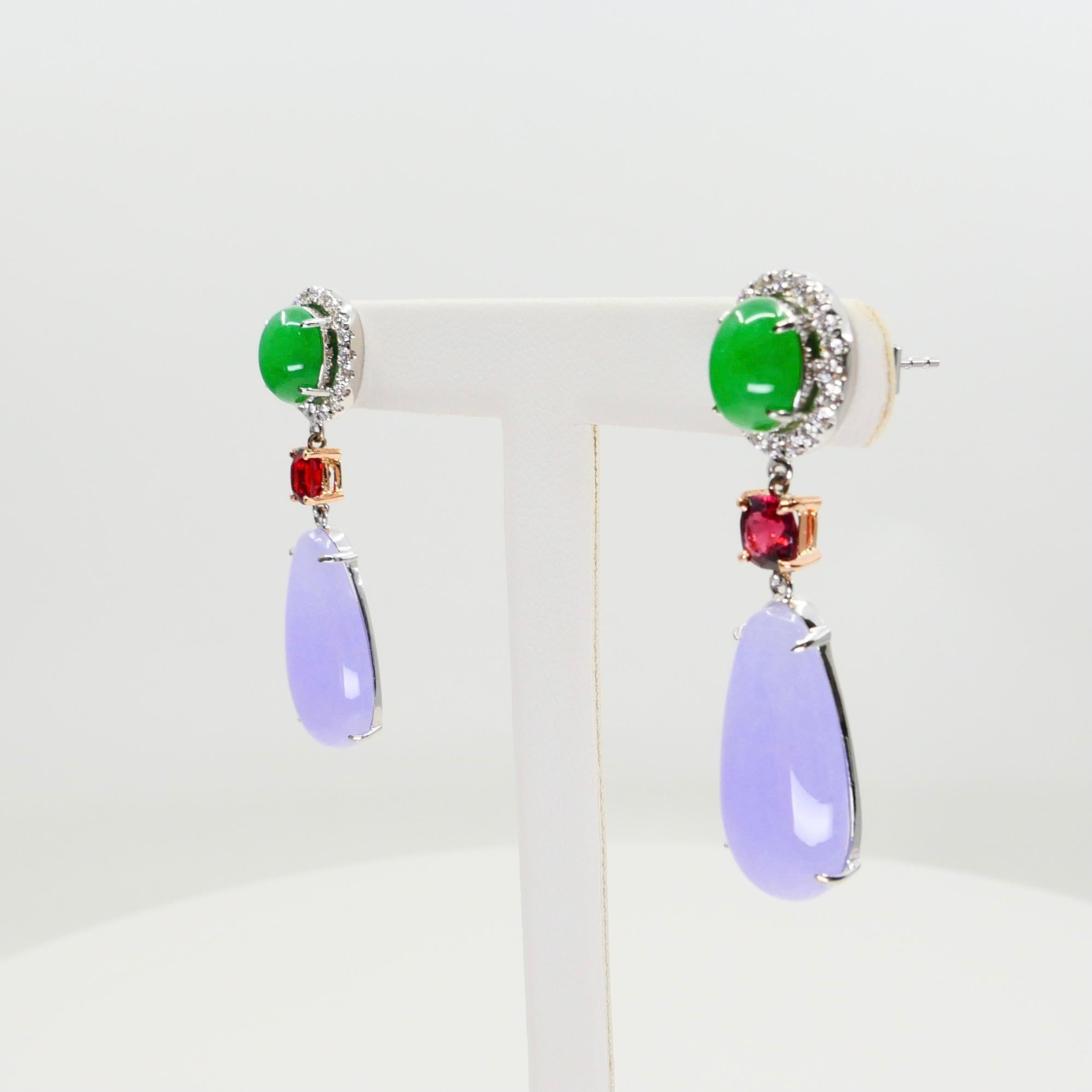 Certified Apple Green & Lavender Jade, Vivid Red Spinel & Diamond Drop Earrings For Sale 3