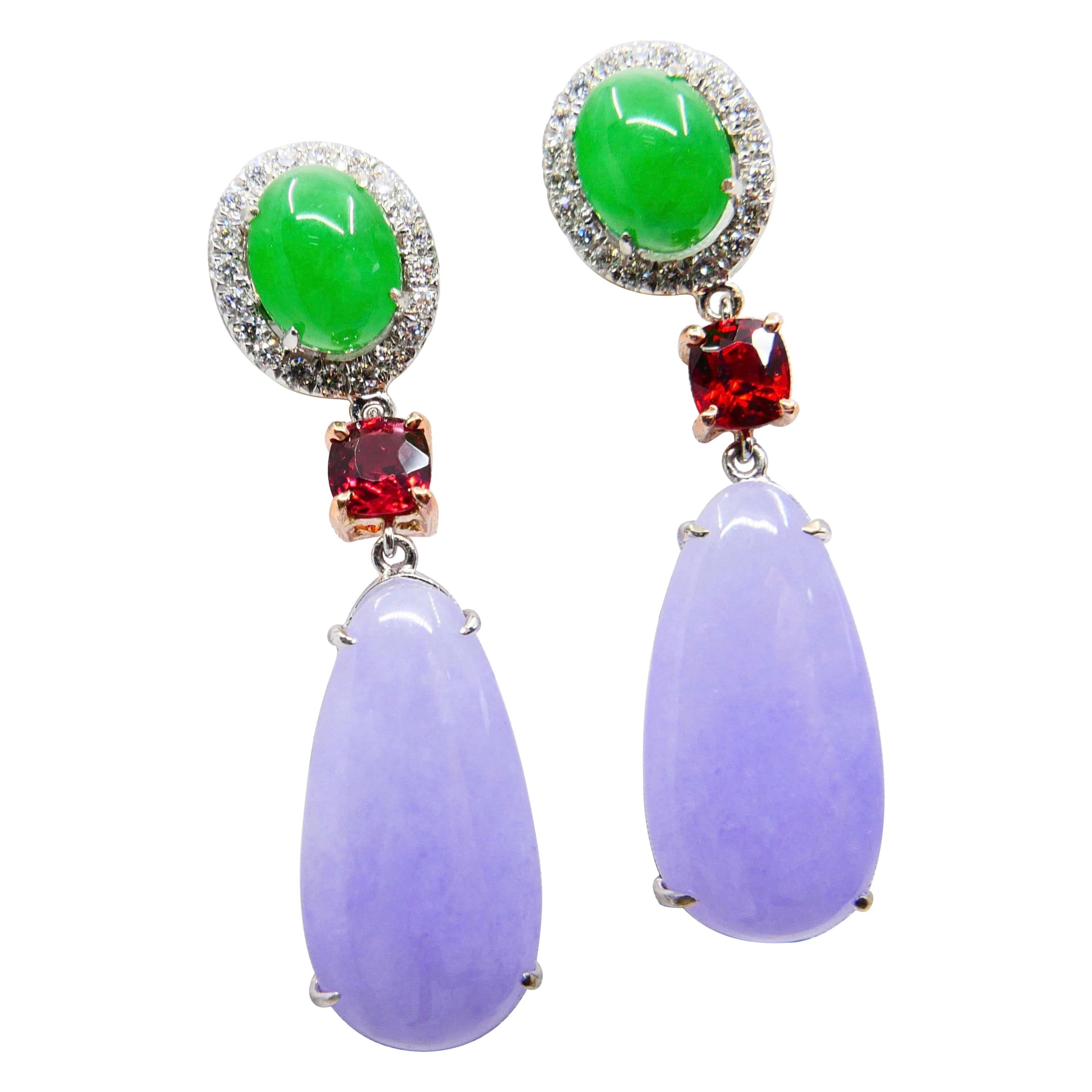 Certified Apple Green & Lavender Jade, Vivid Red Spinel & Diamond Drop Earrings For Sale