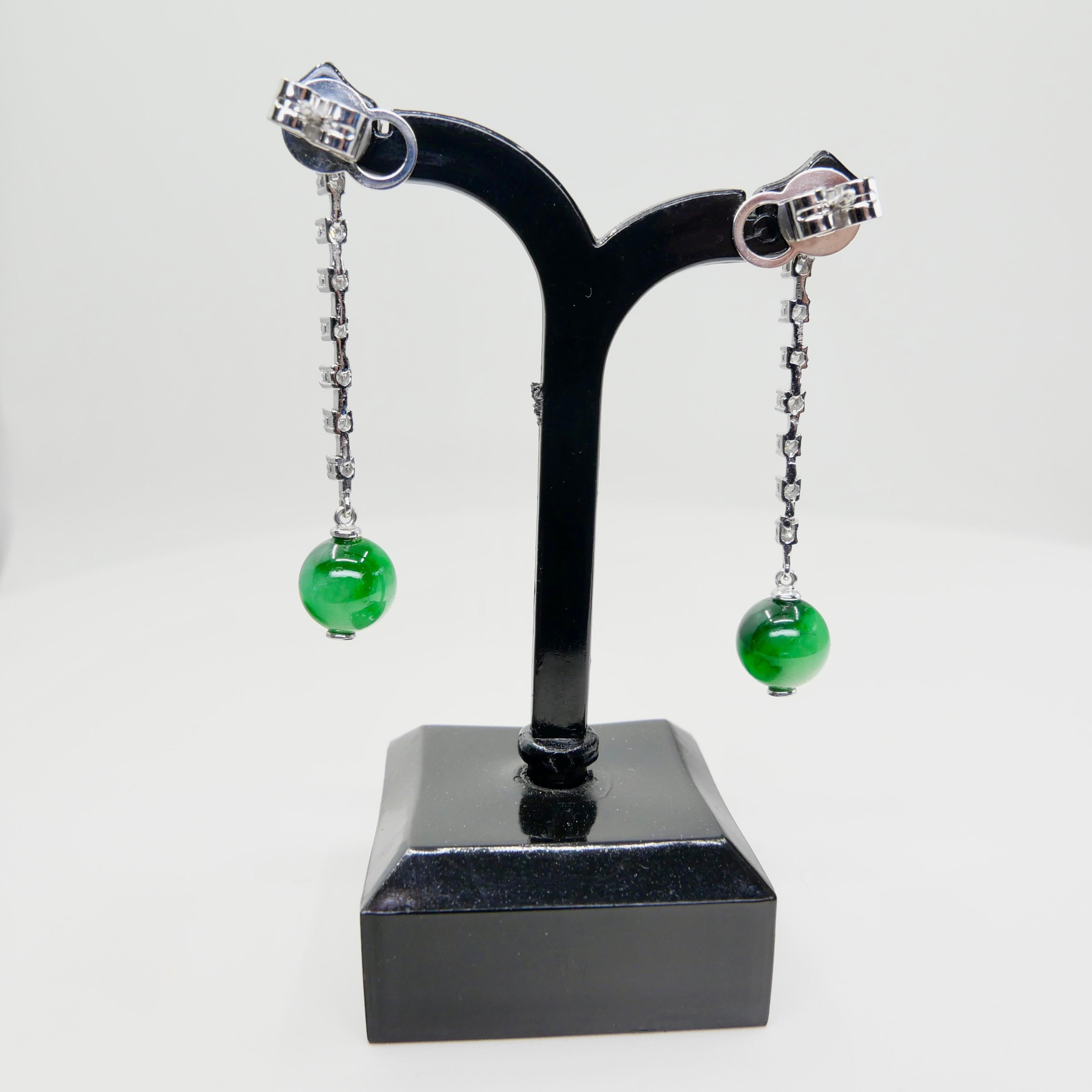 Certified Apple & Imperial Green Jade Beads & Diamond Drop Earrings, Super Glow For Sale 4