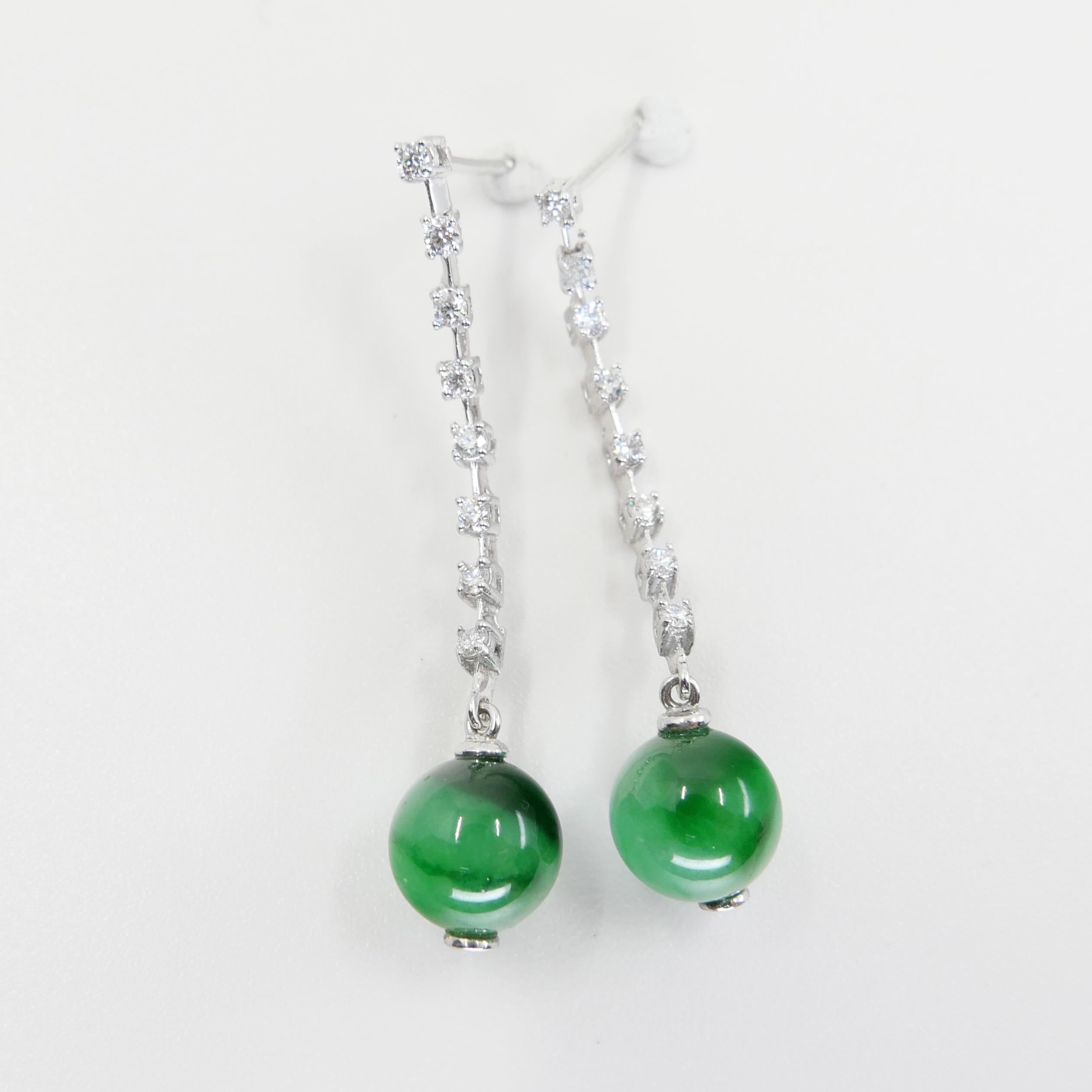 Certified Apple & Imperial Green Jade Beads & Diamond Drop Earrings, Super Glow For Sale 5