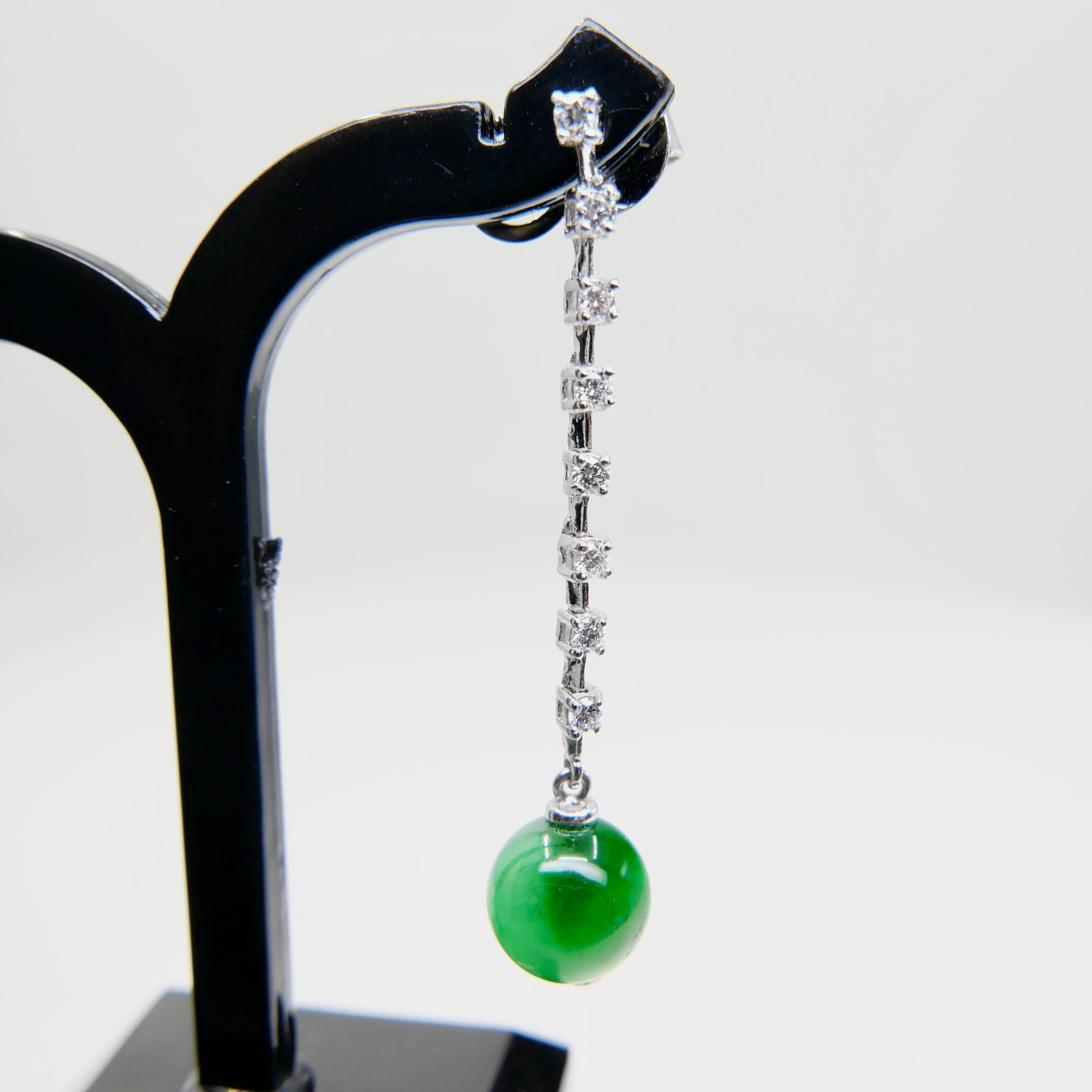 Certified Apple & Imperial Green Jade Beads & Diamond Drop Earrings, Super Glow For Sale 6