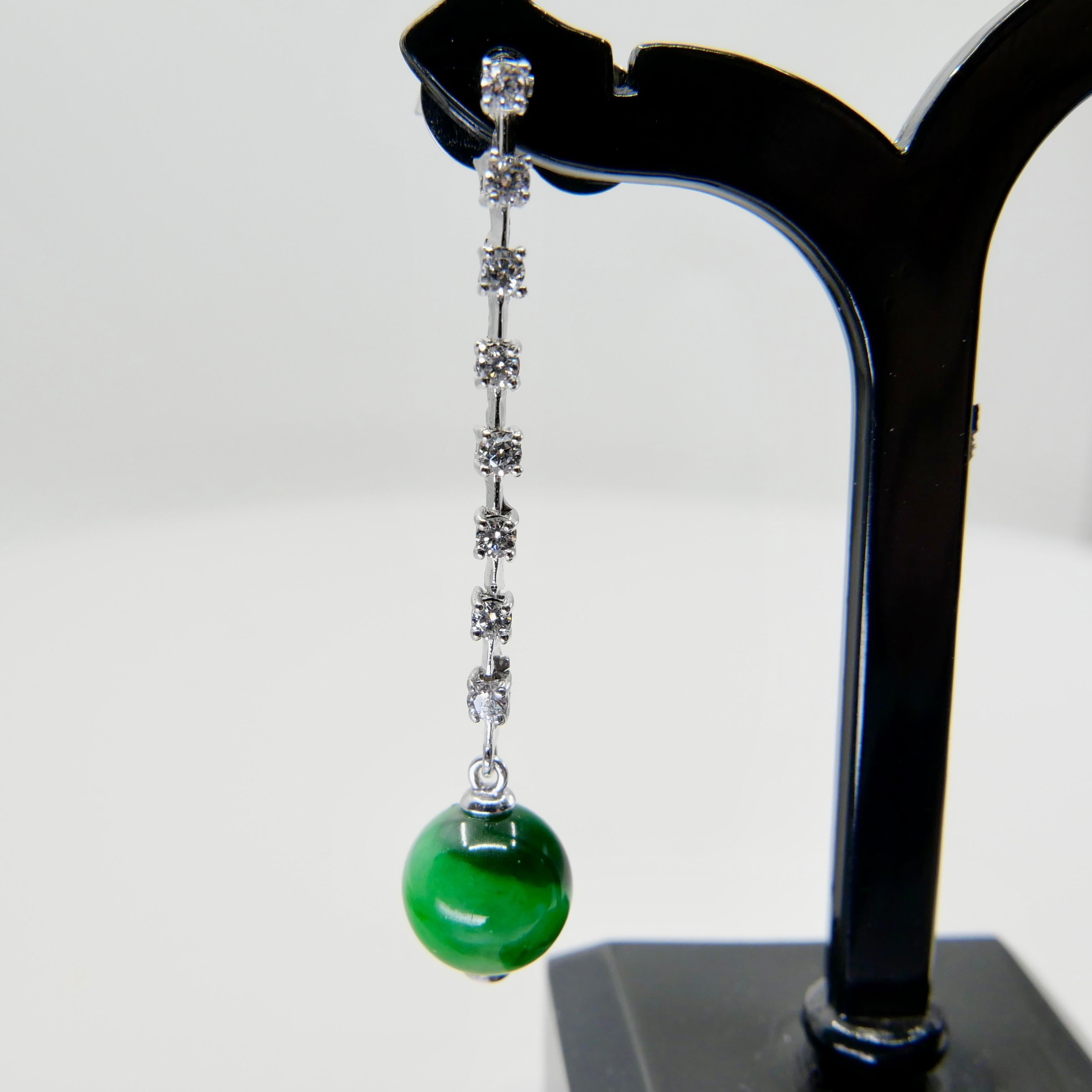 Certified Apple & Imperial Green Jade Beads & Diamond Drop Earrings, Super Glow For Sale 7