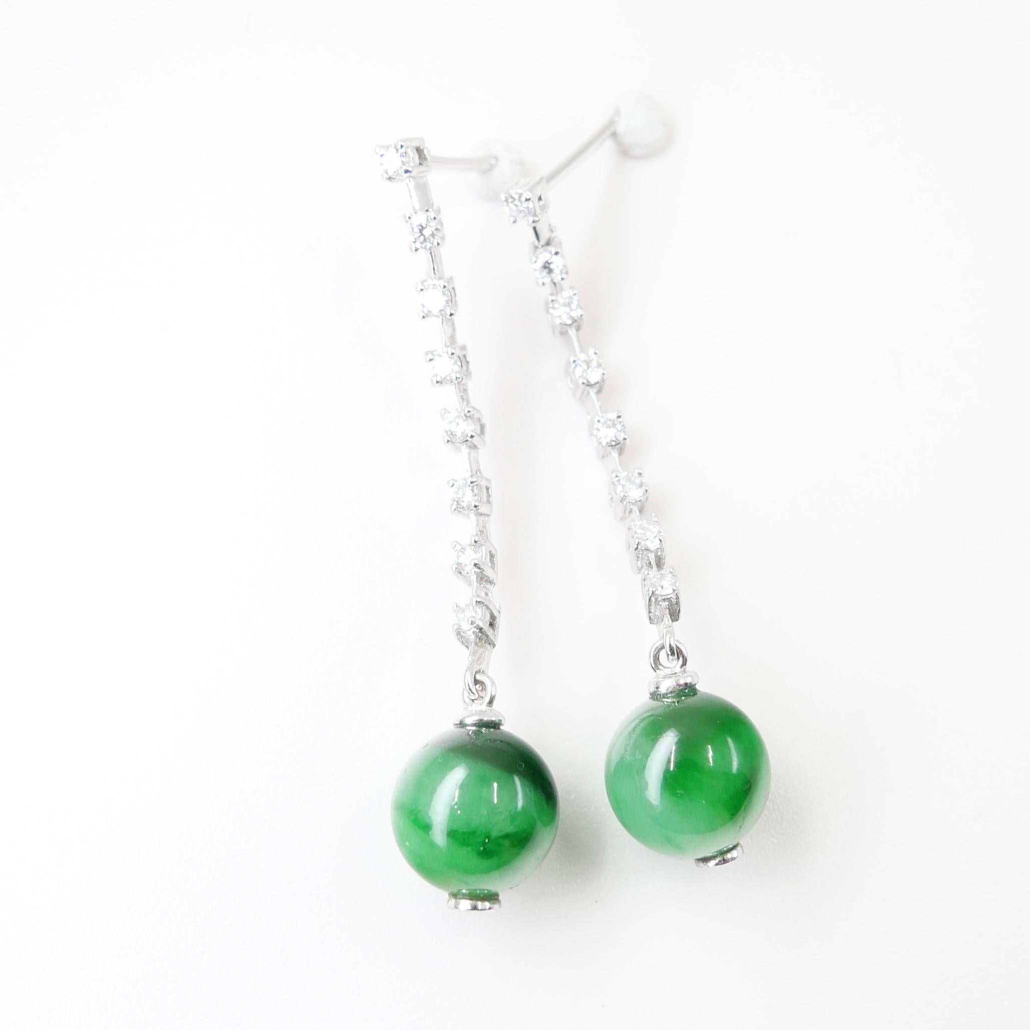 Certified Apple & Imperial Green Jade Beads & Diamond Drop Earrings, Super Glow For Sale 8