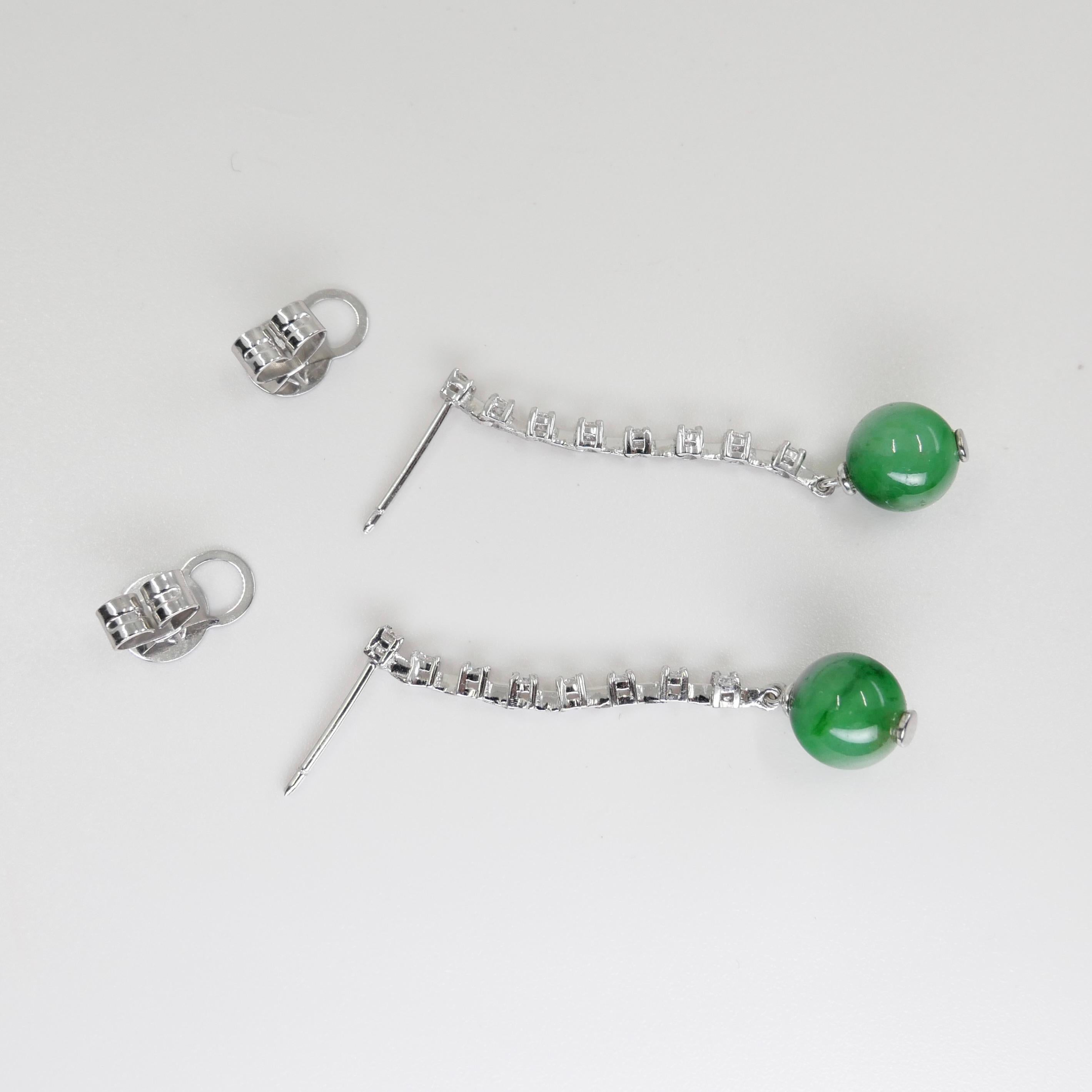Certified Apple & Imperial Green Jade Beads & Diamond Drop Earrings, Super Glow For Sale 10