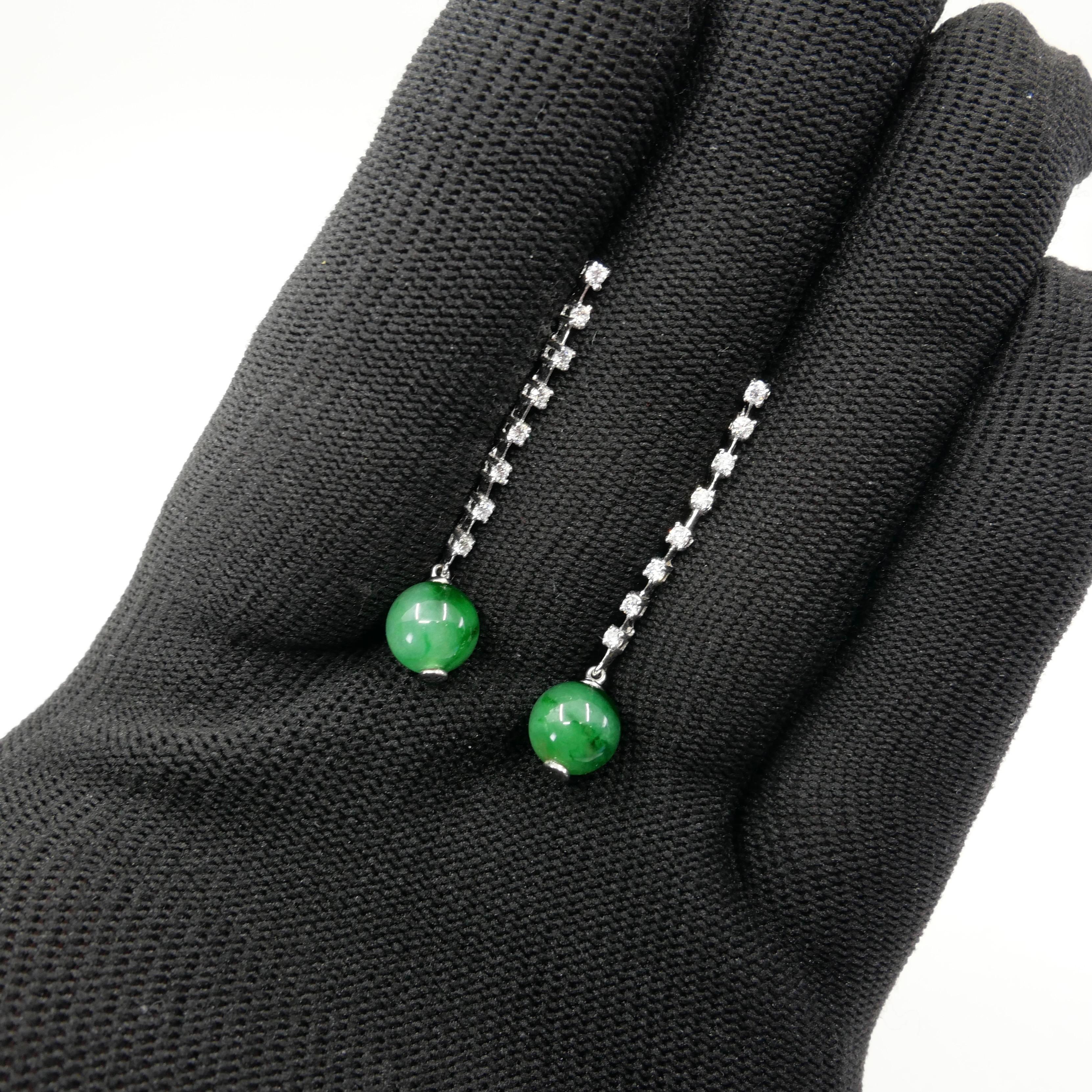 Certified Apple & Imperial Green Jade Beads & Diamond Drop Earrings, Super Glow For Sale 11