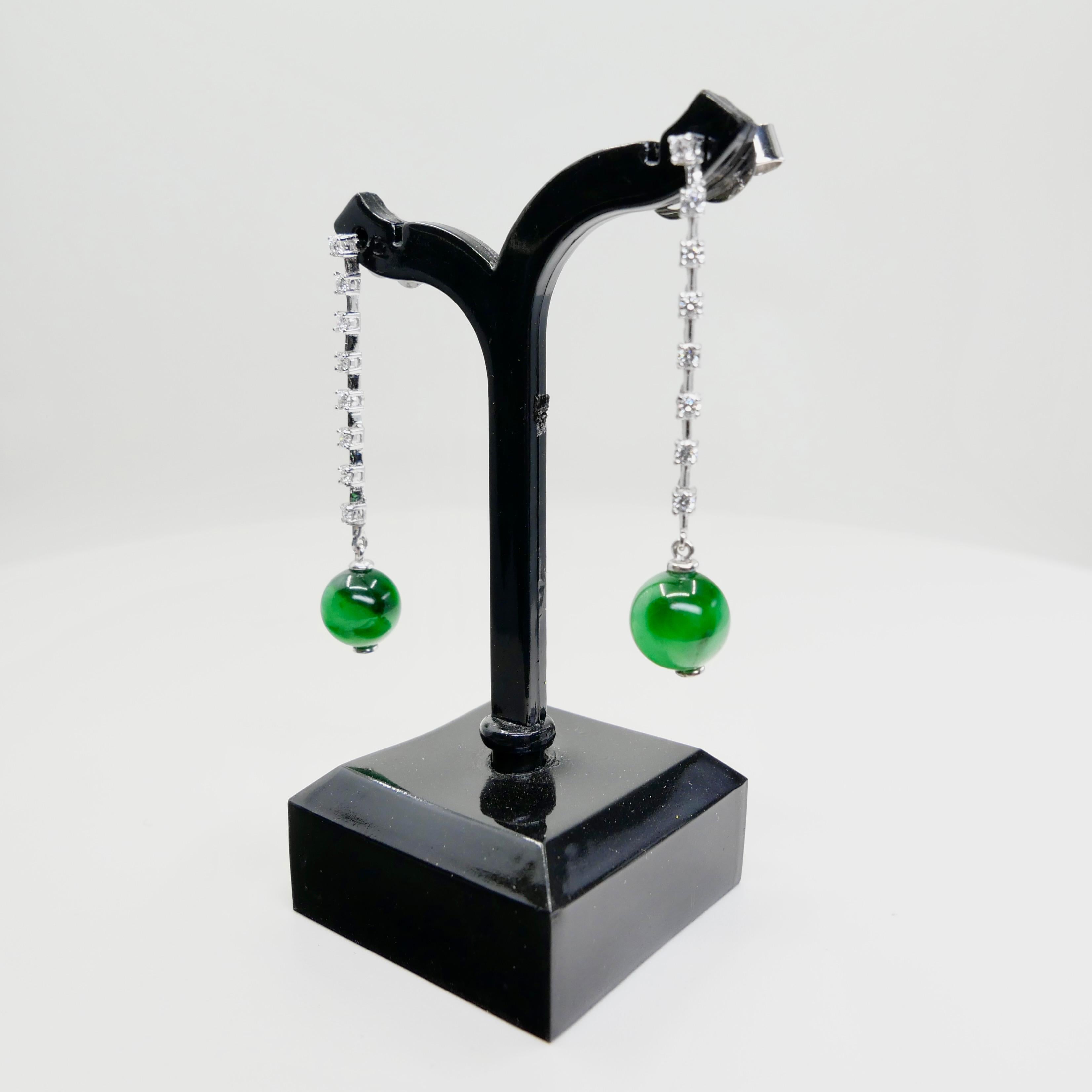 Certified Apple & Imperial Green Jade Beads & Diamond Drop Earrings, Super Glow For Sale 12