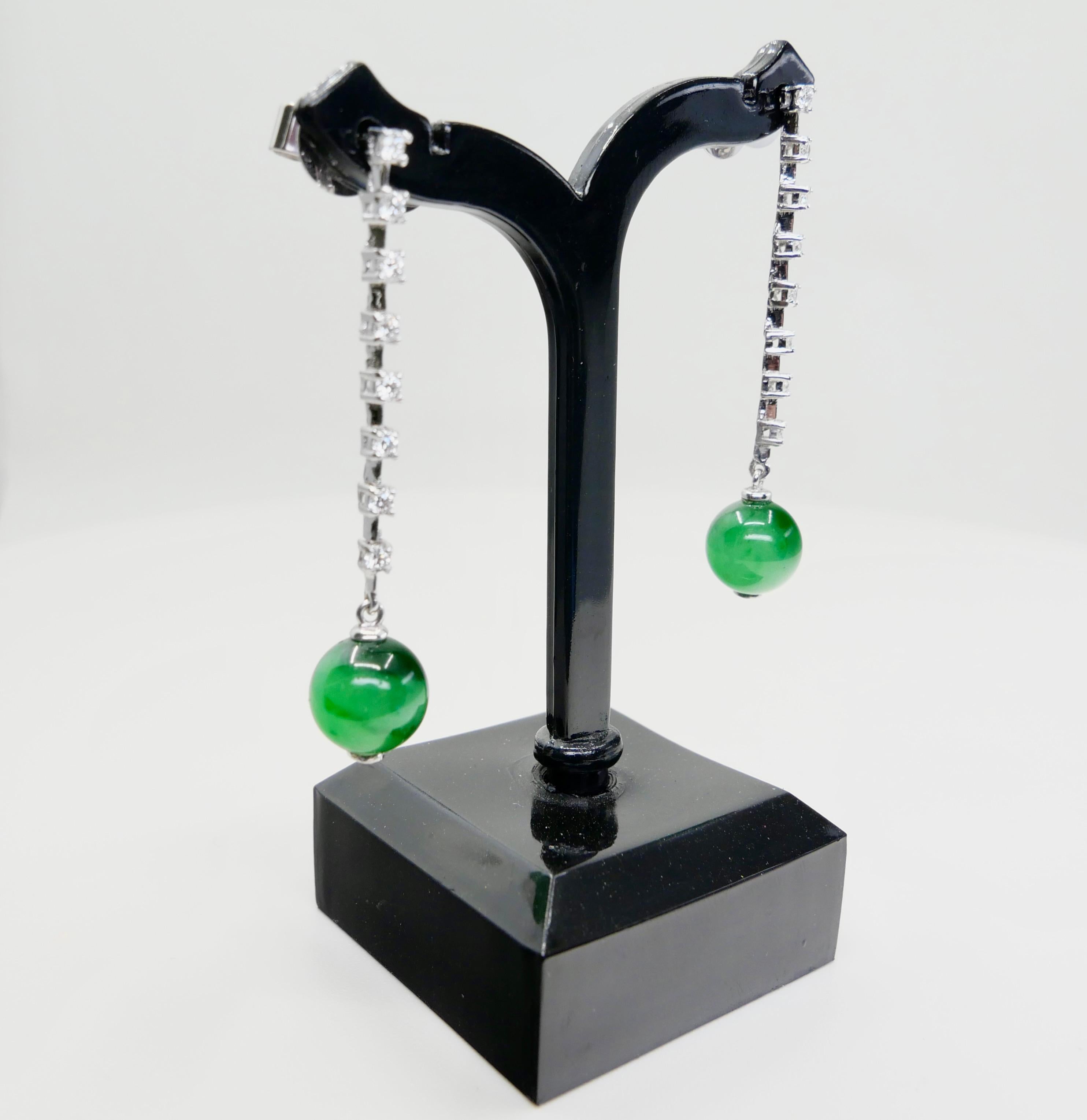 Women's Certified Apple & Imperial Green Jade Beads & Diamond Drop Earrings, Super Glow For Sale
