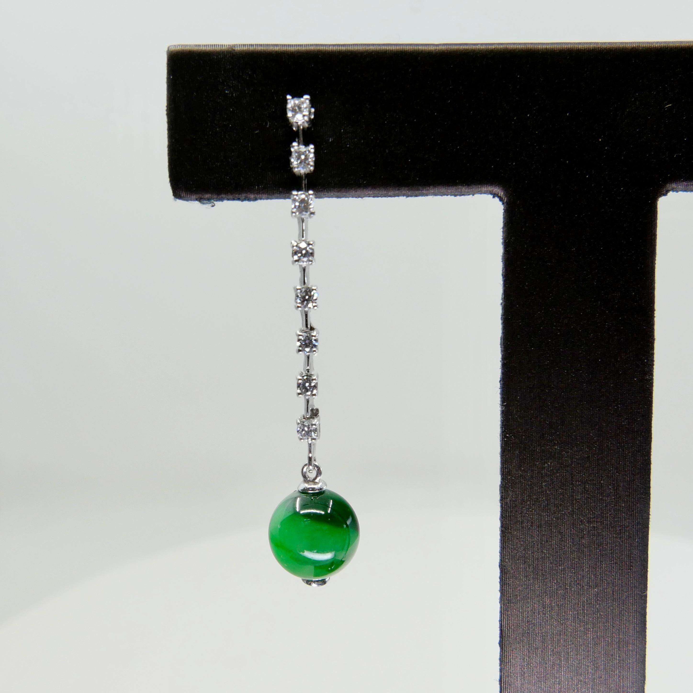 Certified Apple & Imperial Green Jade Beads & Diamond Drop Earrings, Super Glow For Sale 1