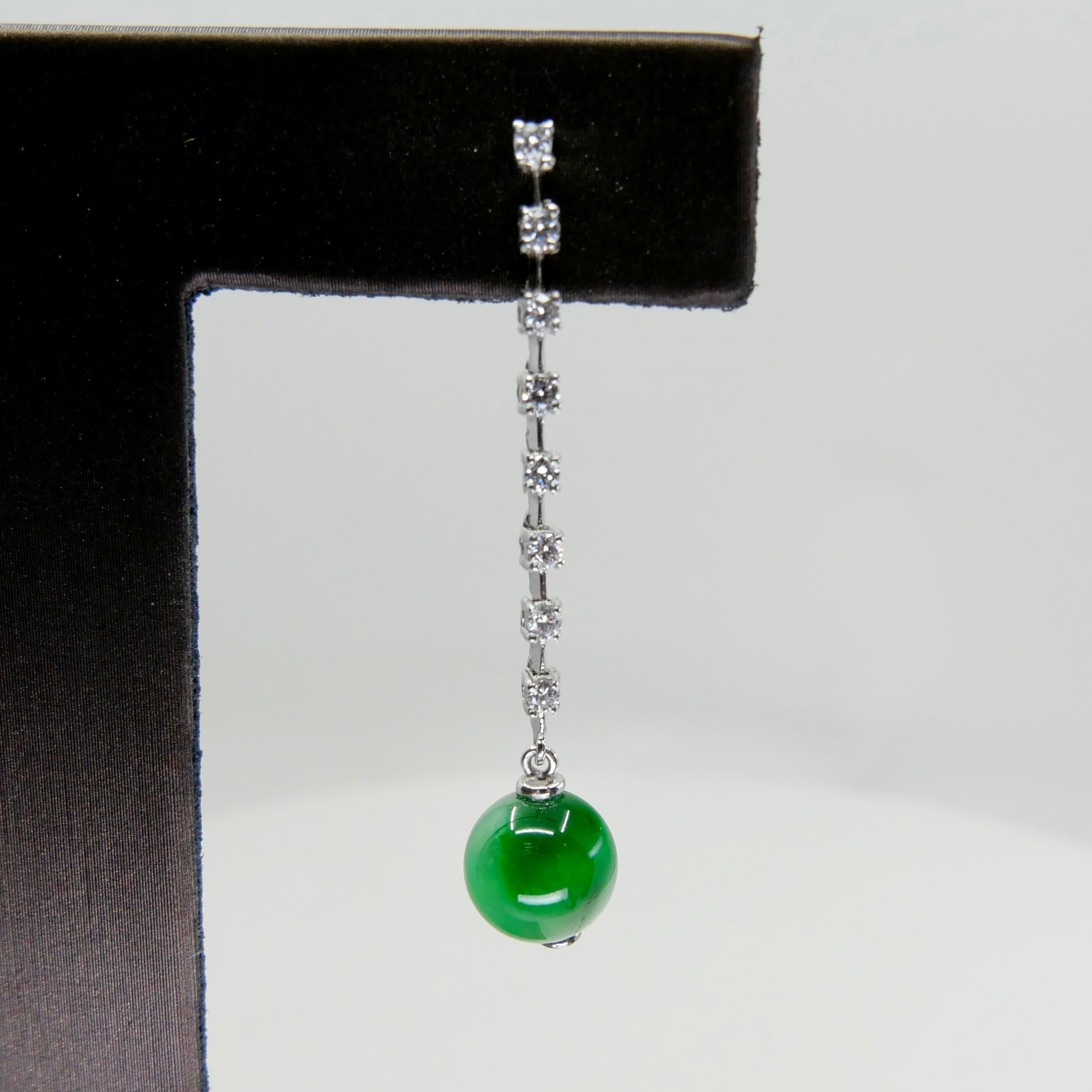 Certified Apple & Imperial Green Jade Beads & Diamond Drop Earrings, Super Glow For Sale 2