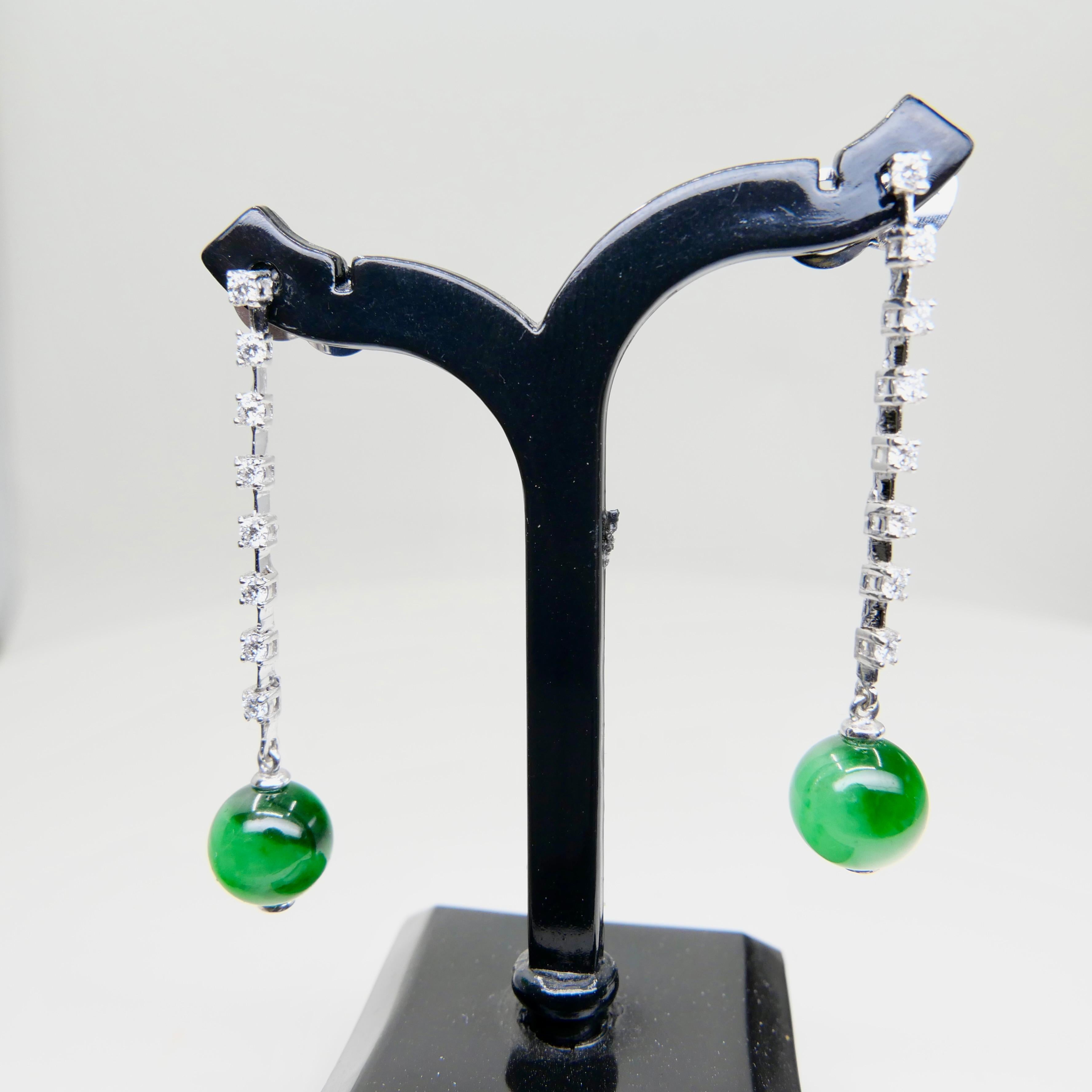 Certified Apple & Imperial Green Jade Beads & Diamond Drop Earrings, Super Glow For Sale 3