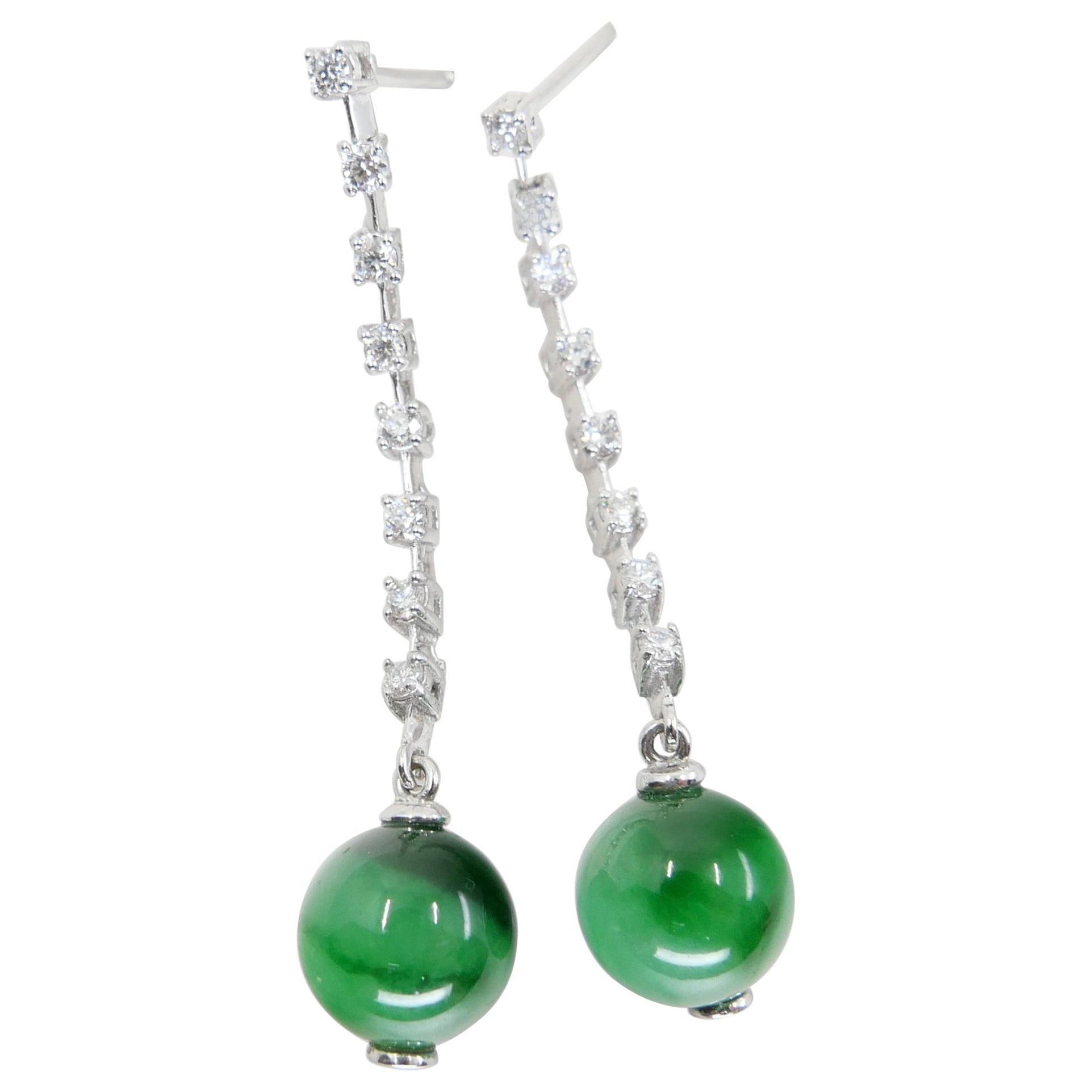Zertifizierte Apfel- und kaiserlich-grüne Jade-Perlen & Diamant-Tropfen-Ohrringe, Super Glow