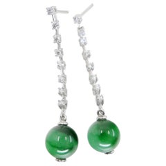 Certified Apple & Imperial Green Jade Beads & Diamond Drop Earrings, Super Glow