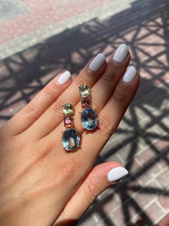 Certified Aquamarine and Tourmaline Dangling Earrings in 18K Rose Gold