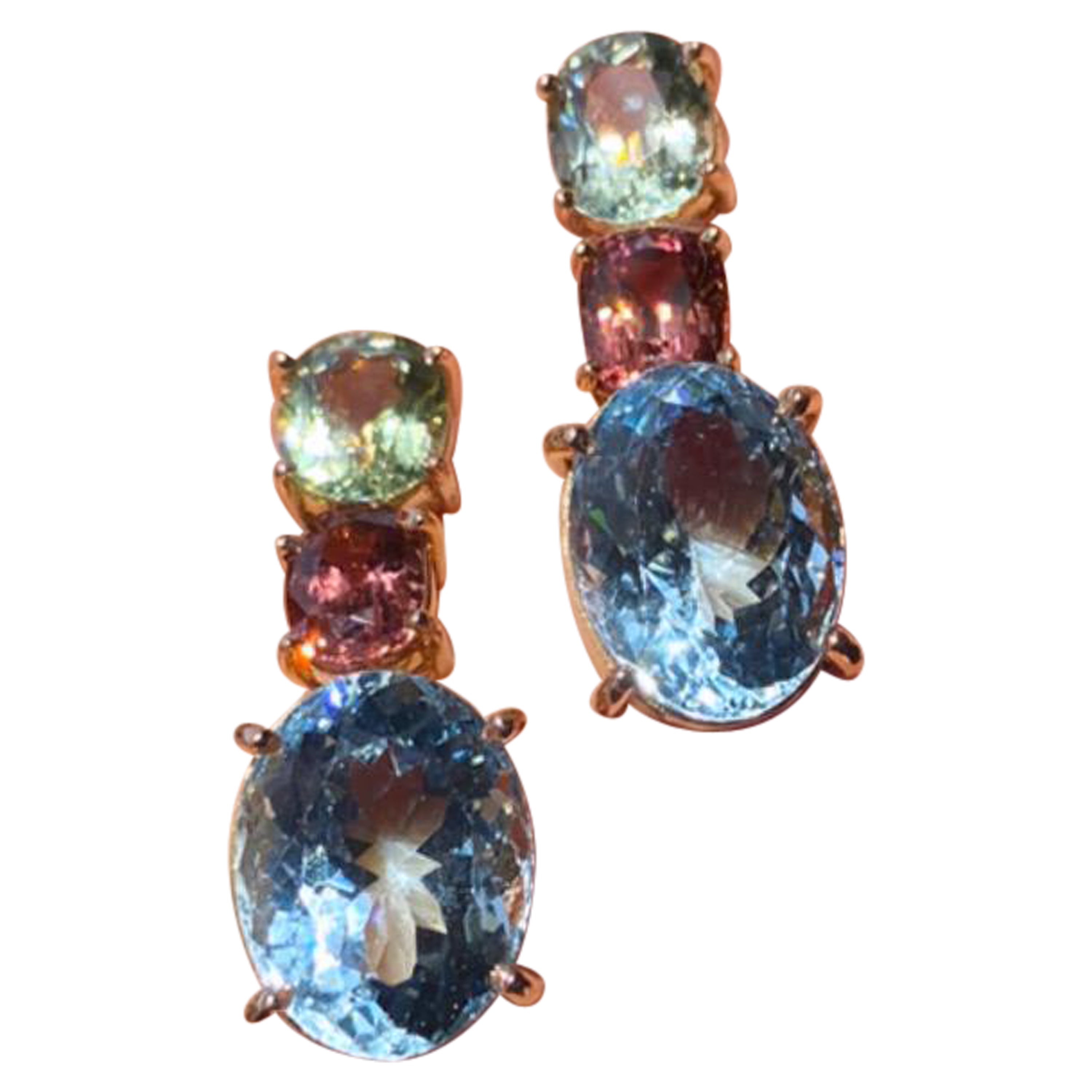 Boucles d'oreilles pendantes en or rose 18 carats avec aigue-marine et tourmaline certifiées en vente