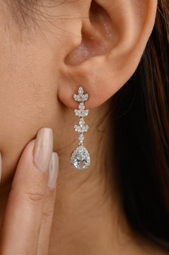 Certified Aquamarine Diamond Long Dangle Earrings in 14K White Gold, 1.02ct