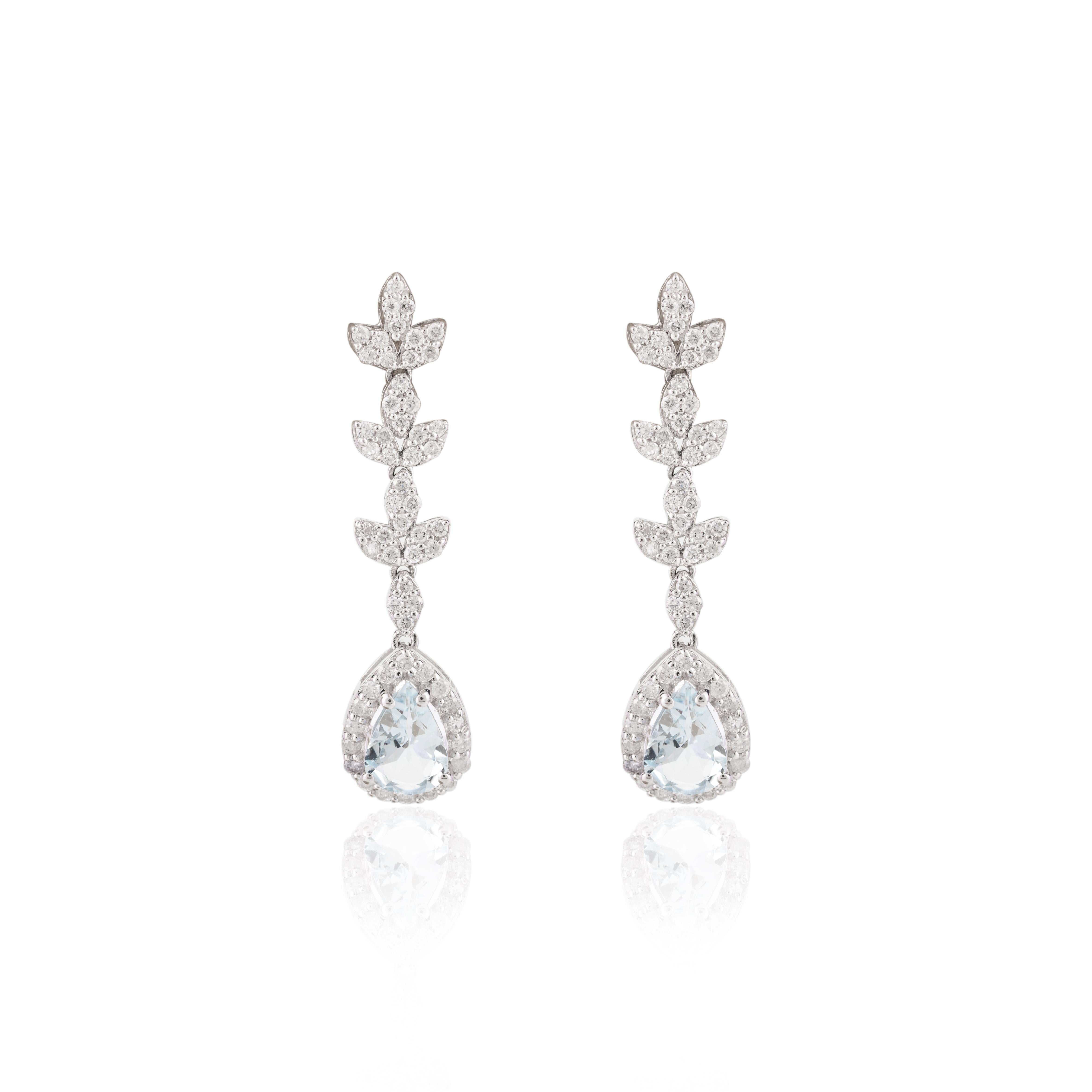Art Nouveau Certified Aquamarine Diamond Long Dangle Earrings in 14k White Gold For Sale